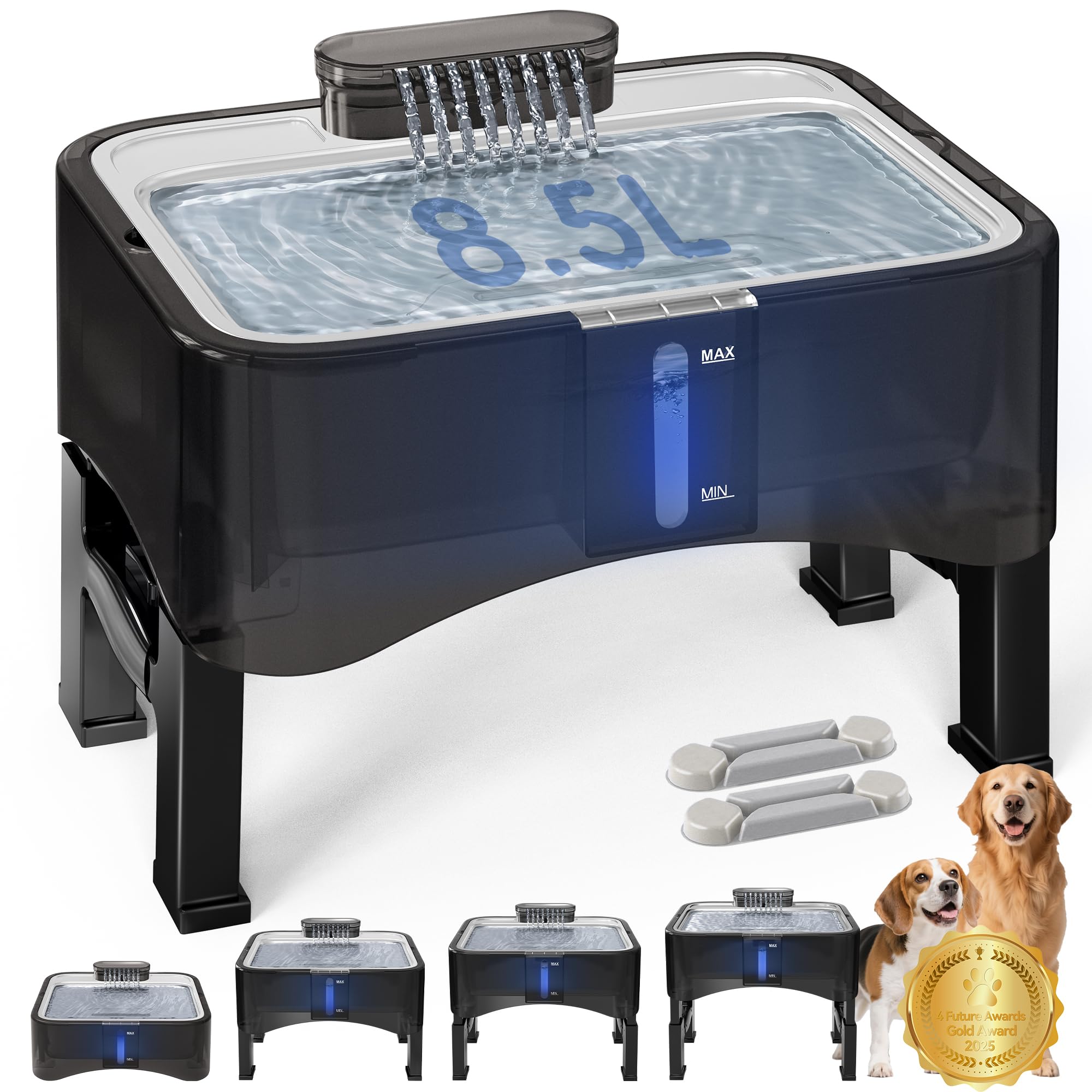 UPSKY Fuente de agua elevada para perros de 8.5 L/2.25 galones, dispensador elevado de 4 alturas ajustables para perros grandes y múltiples mascotas, bandeja de acero inoxidable con bomba ultra