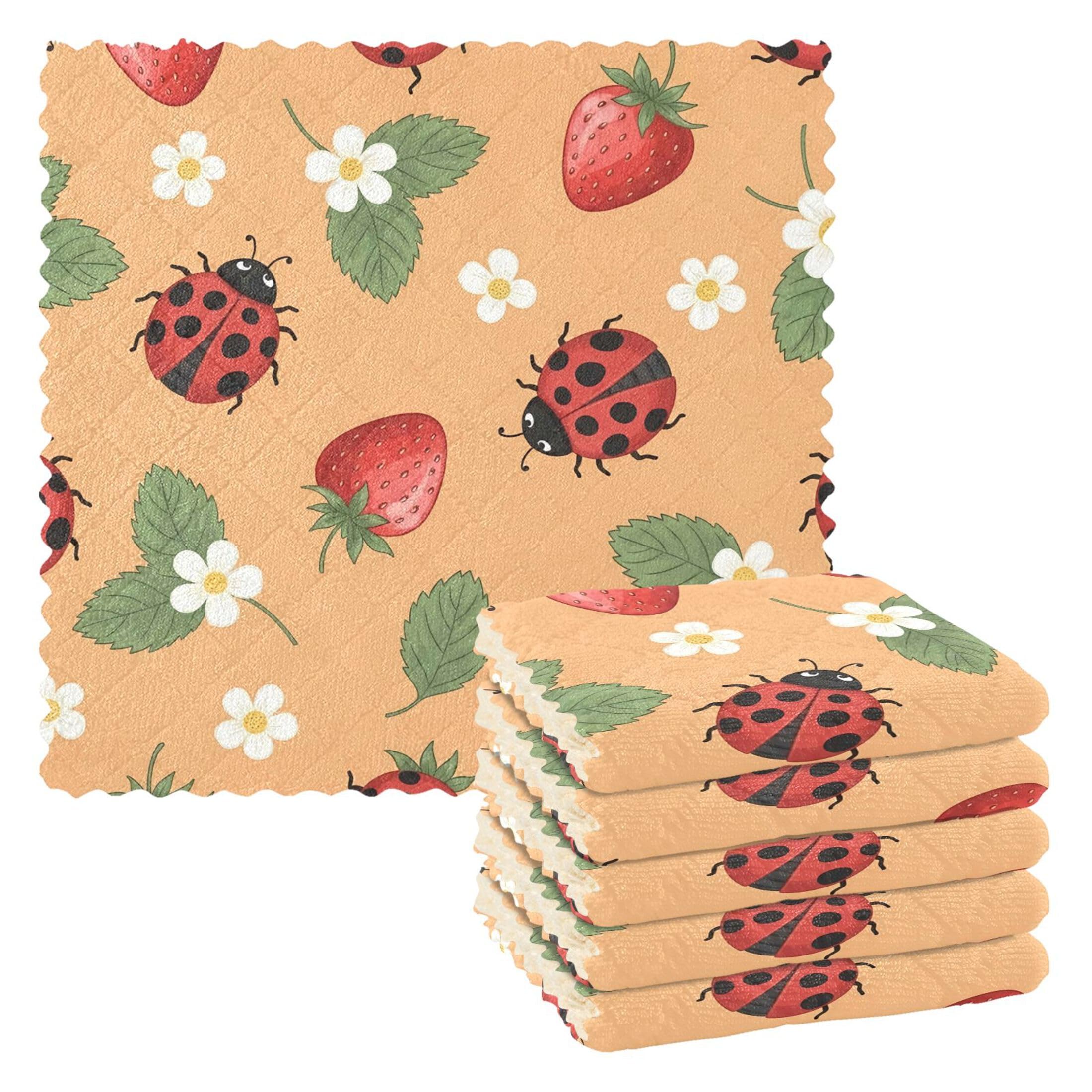 Fuauuyl Ladybugs Strawberry Kitchen Dish Towel Set of 6, Soft Absorbent Washable Cleaning Cloths Dish Rags Tea Bar Drying Towels, 11x11 In