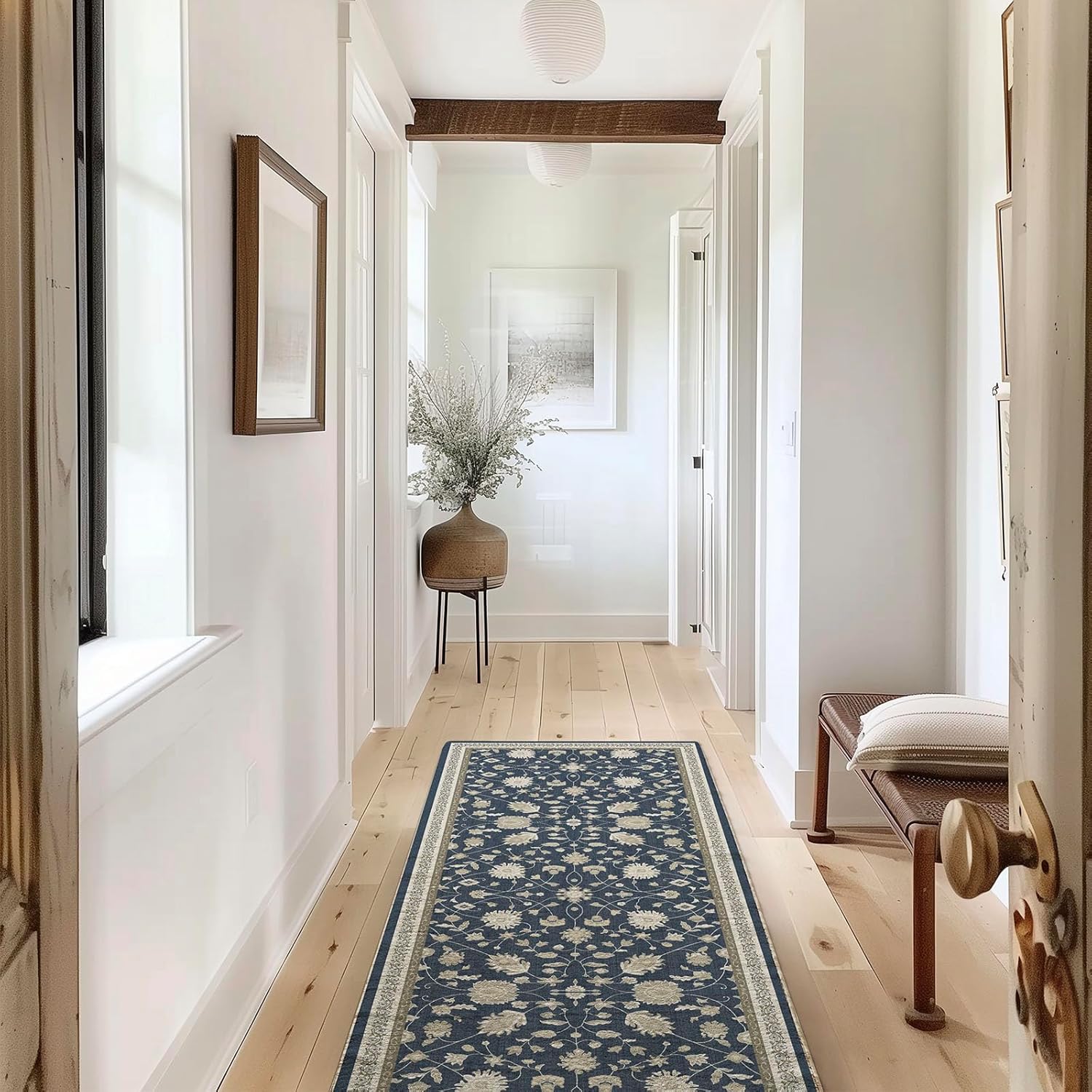 EVERGRACE Hallyway Area Runner Rugs 2x6, Boho Floral Faux Wool Indoor Outdoor Rugs, Washable Rugs for Bedroom Bathroom Living Room Kitchen, Low Pile Floor Mat Carpet for Home Decor, Navy Blue