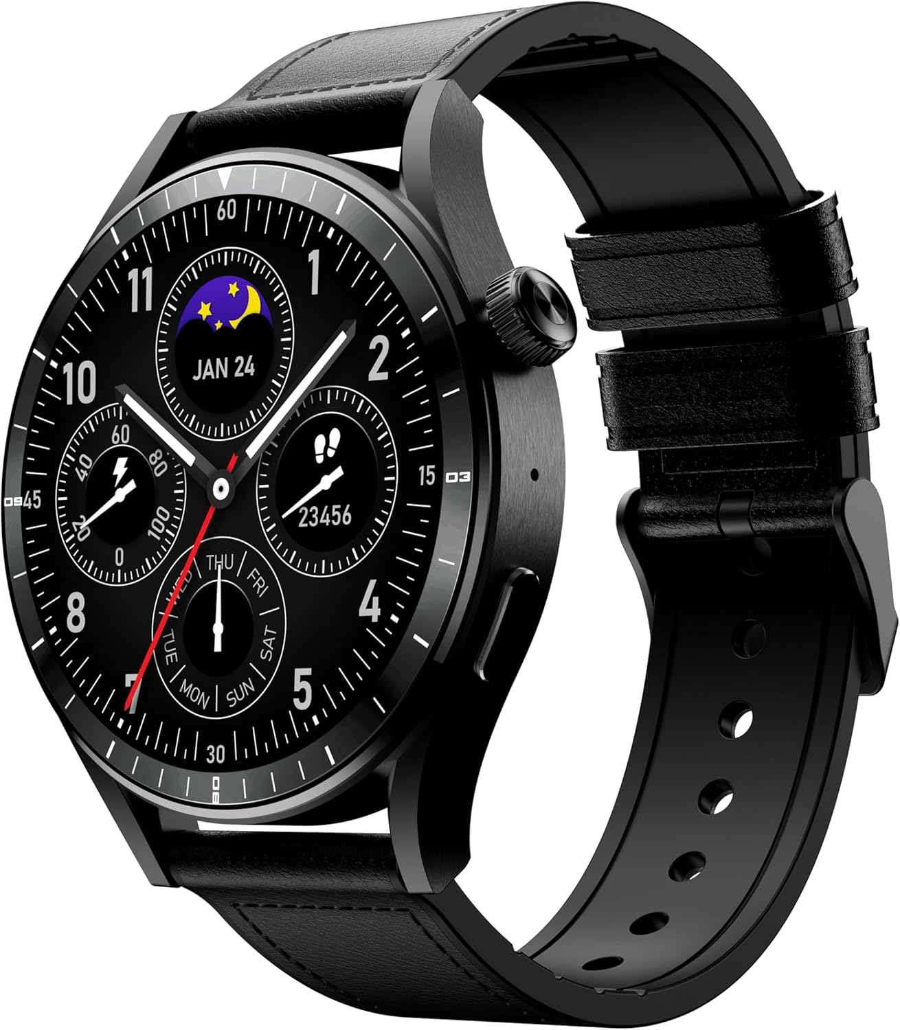 Angled view of Infinix XWatch N4 Pro smartwatch, showing the watch face and the side with a crown and button.