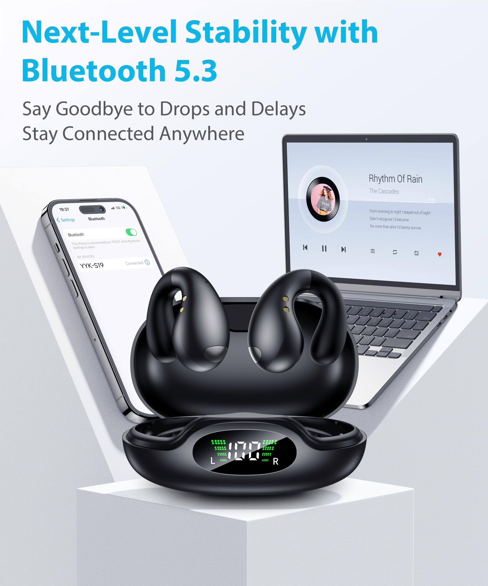 Ultra Open Ear Earbuds - Ergonomic Clip-On Earbuds, Bone Conduction Over-The-Ear Headphones with Waterproof Design and Secure Fit for Small Ears, Obsidian Black