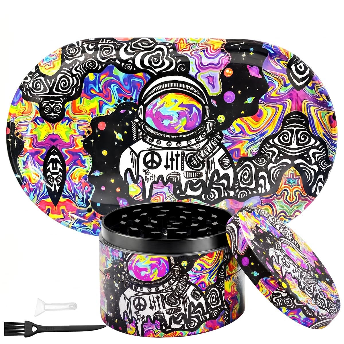 Spespo Herb Grinder Set, Large Spice Grinder 63mm(2.5 inch),4 Layers Full Color Painting Metal Grinder with Rolling Tray and Pollen Scraper, Brush (Astronaut Design)