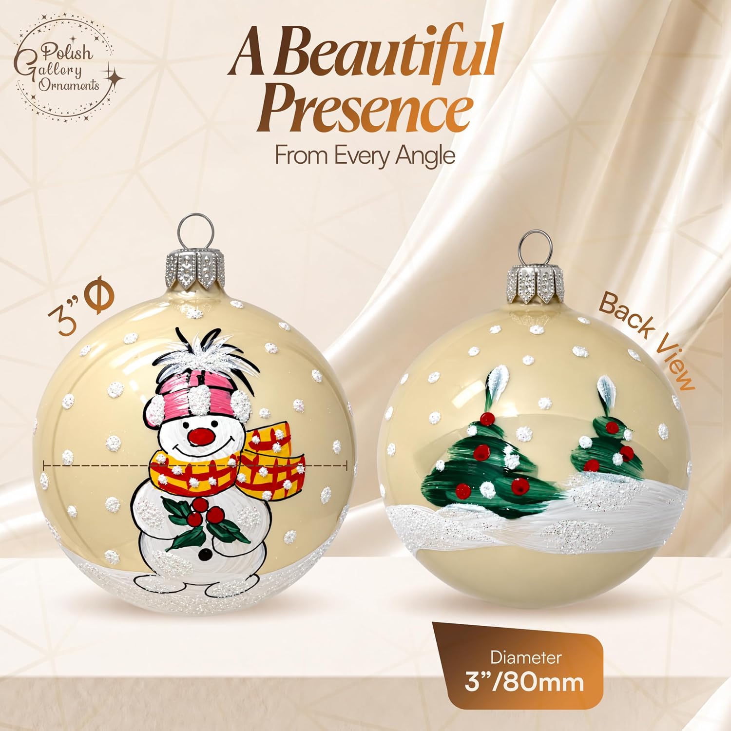 Snowman with Mistletoe Christmas Ornament Blown Glass Ball 3-inch (80mm) Vanilla Gold