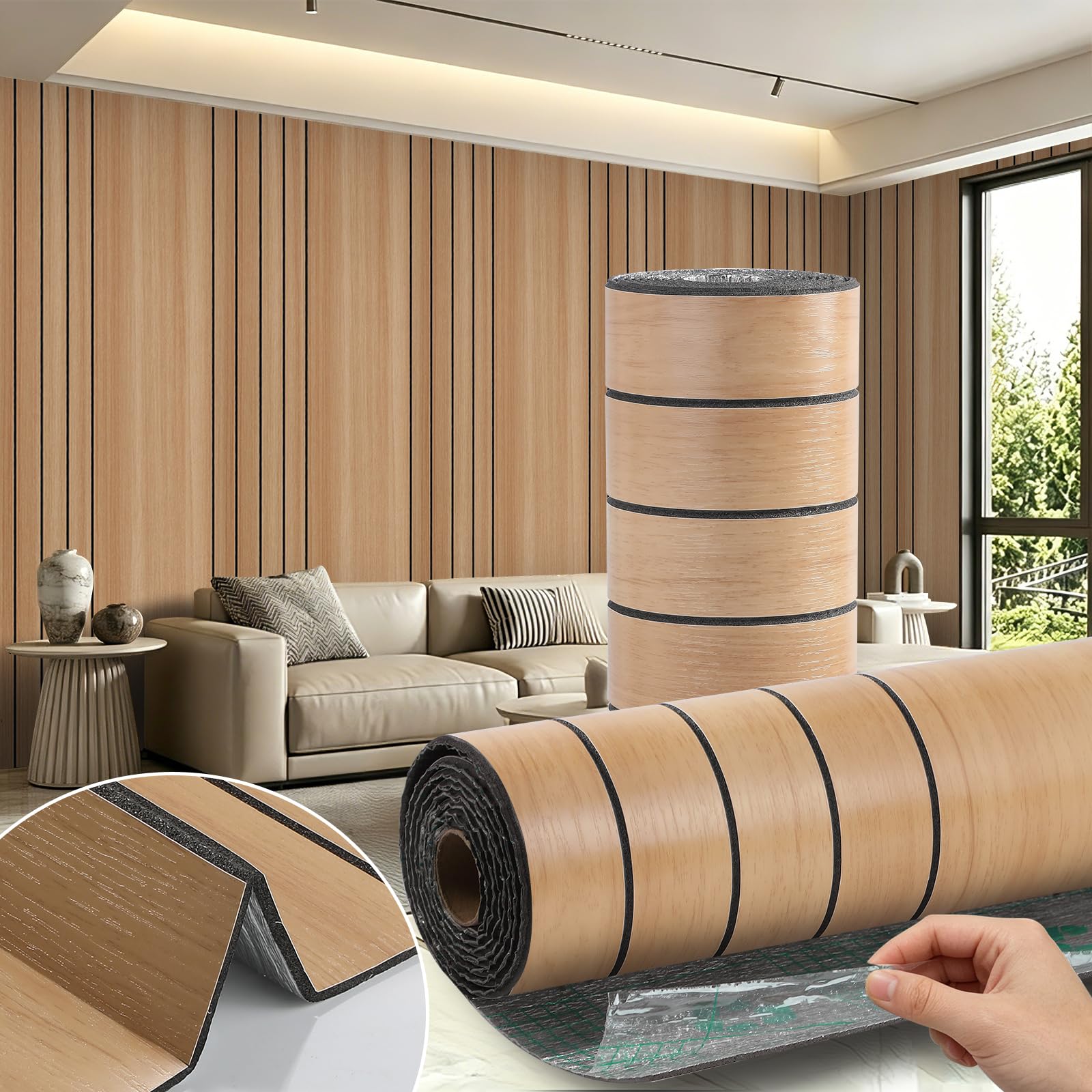 Trafagala 3mm Thick Wood Panel Wallpaper Peel and Stick 3D Faux Wood Slat, Diy-friendly Slat Brown, 40cm x 300cm