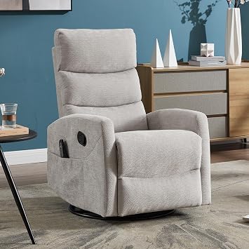 Manual Recliner Chair with Vibration Massage, Swivel Rocker Recliner with Remote Control, Glider Rocking Chair with Lumbar Heat, Reclining Sofa Chairs with Side Pockets for Living Room, Light Grey