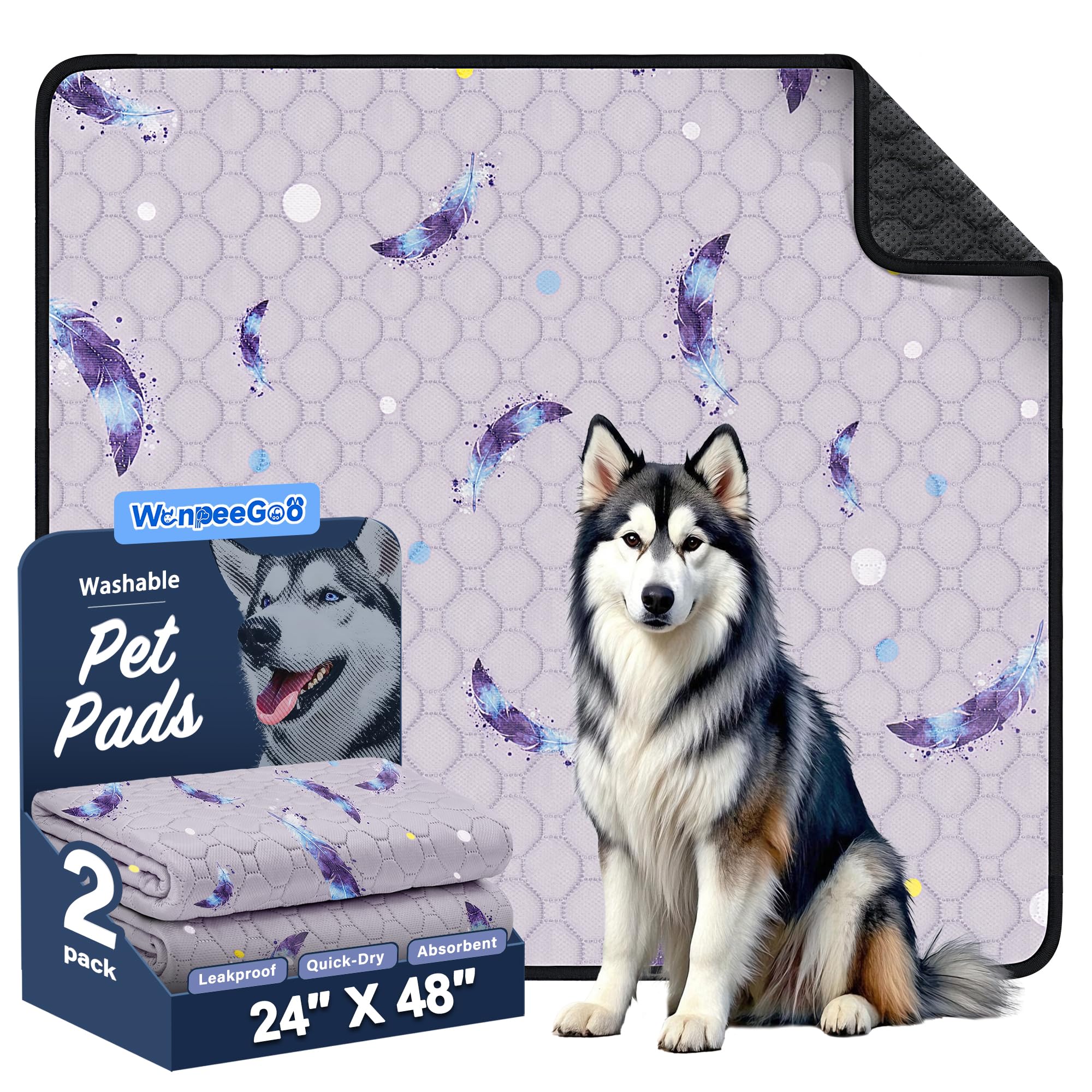 WanpeeGoo Washable Pee Pads for Dogs, 2 Pack Reusable Puppy Pads, Super Absorbent & Leakproof Dog Pads, Anti-Slip Dog Pee Pads for Puppy Training & Incontinence, Feather Pattern 61x122cm — image 1