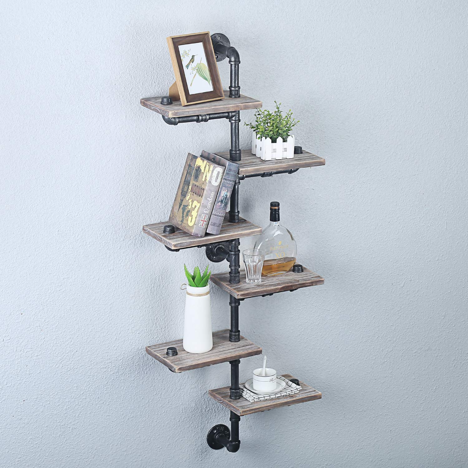 MBQQ Industrial Pipe Shelf,6Tiers Wall Mount Bookshelf, Metal&Wood