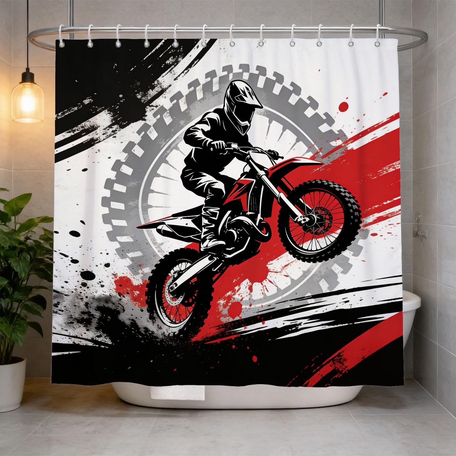 Hongduo 3D Motocross Rider Shower Curtain for Stalls Bathtubs Extreme Sport Bathroom Decor Shower Curtain Set Polyester Fabric Waterproof 200x200cm/79X79 Inch with Hooks