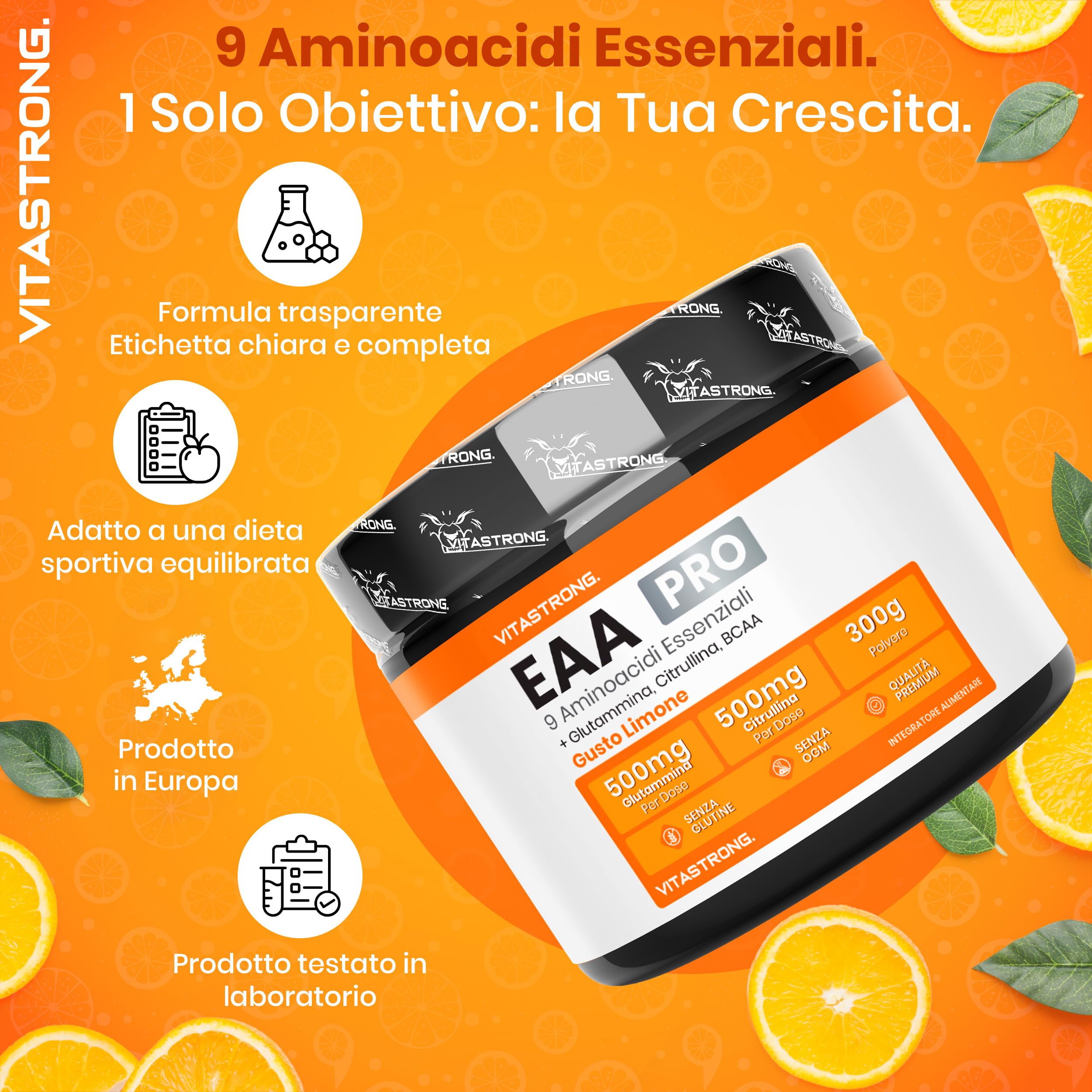 Aminoacidi Essenziali EAA PRO Vitastrong, 9 EAA Aminoacidi Essenziali Polvere 300g, BCAA Amminoacidi Ramificati, Glutammina, L Citrullina, L-Tirosina, L Lisina, L Triptofano, Metionina, Gusto Limone