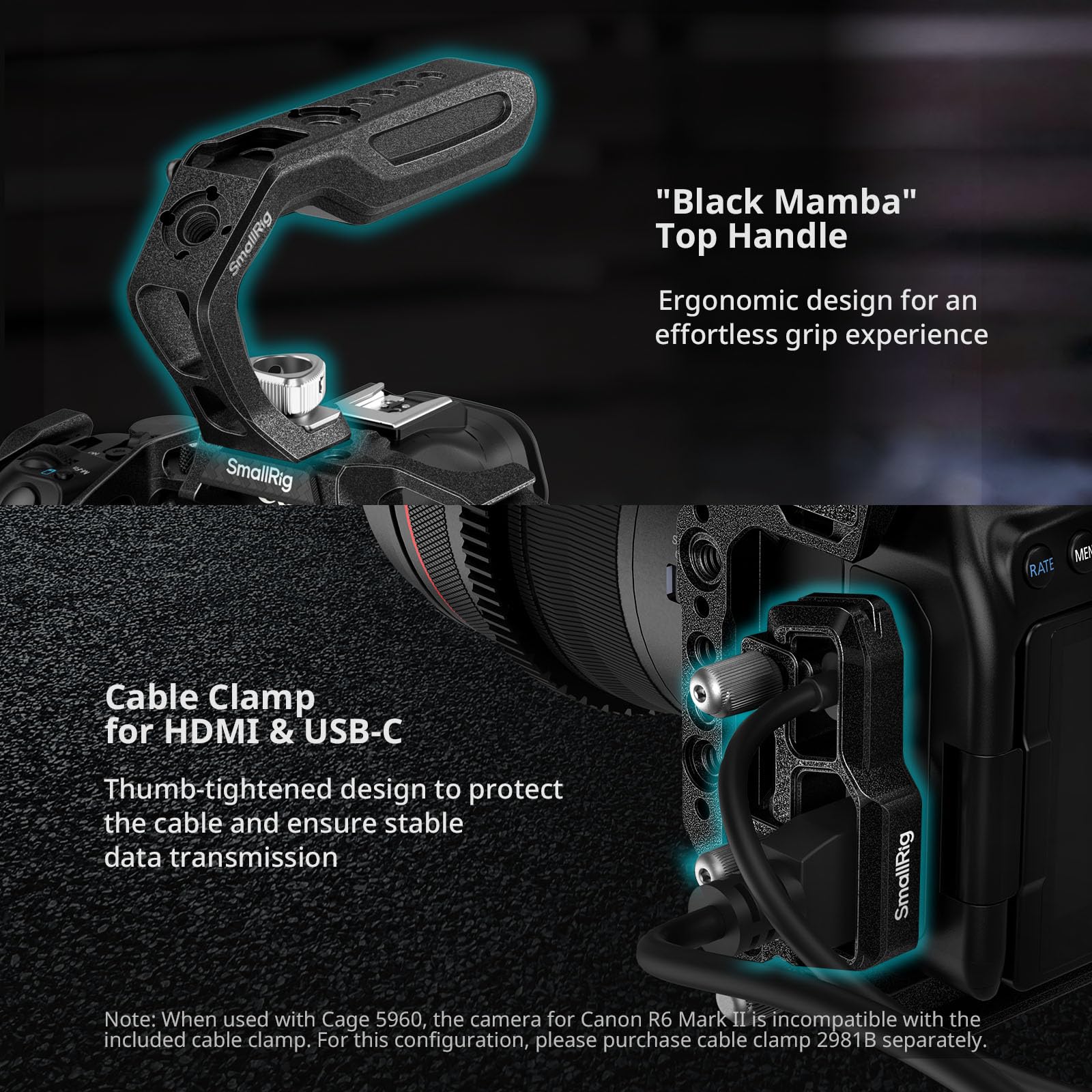 SMALLRIG R6 Mark III / R6 Mark II Cage "Black Mamba" Kit palmare per Canon con manico superiore, gabbia completa, morsetto per cavo HDMI e USB-C - 5960