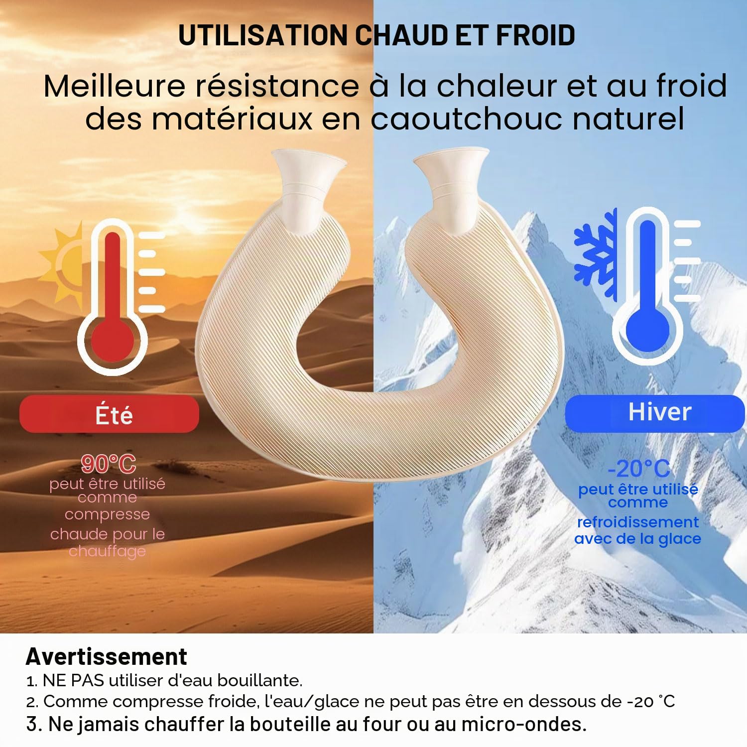 Bouillotte en forme de U en caoutchouc naturel de qualité supérieure avec housse en polaire amovible et lavable pour femmes et enfants 2 L