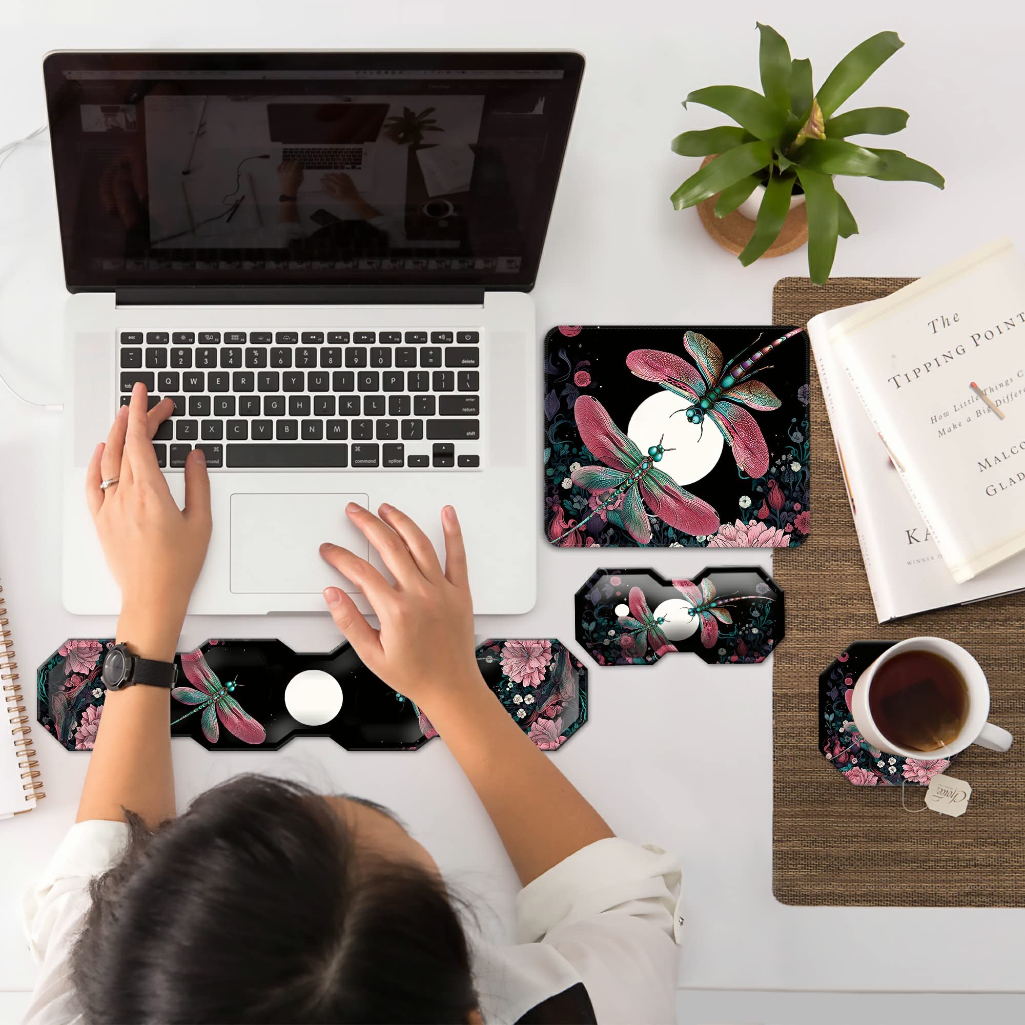 Mouse Pad Keyboard Wrist Rest Wrist Support Combo+Coaster [4-in-1] Dragonfly Moon Theme, Easy Typing Pain Relief, Memory Foam Gel Elbow Cushion Mouse pad Set for Computer Laptop Office Home