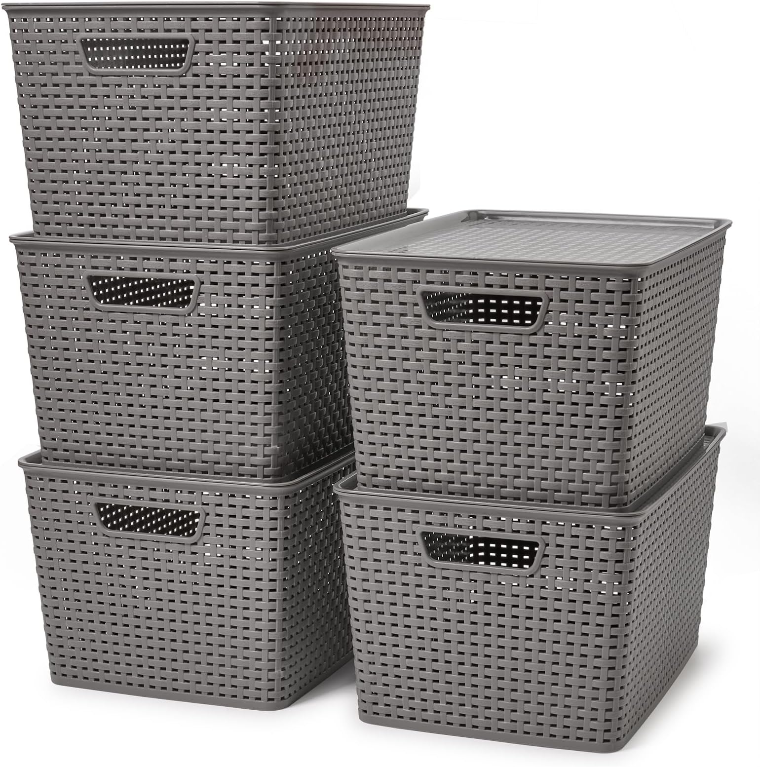 EZOWARE Set of 5 Lidded Storage Bins, Large 17L Plastic Stackable Weaving Wicker Basket Box Containers with Lid and Handle - Gray, 36x29x22.5 cm