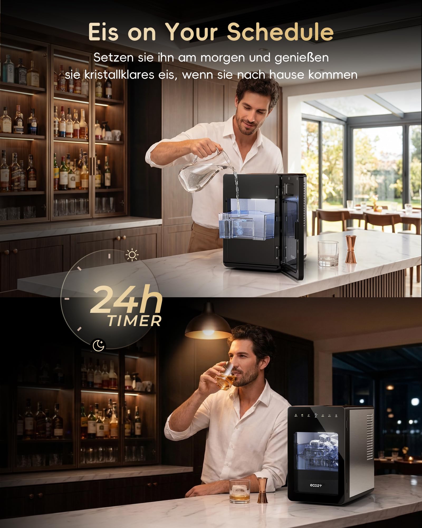 ecozy Macchina per Ghiaccio con Cubi Trasparenti da 50 mm, Ghiaccio Cristallino in 30 Min con Modalità Eco, Timer 24 Ore, Display LED, 96 Cubi al Giorno, Tecnologia CrystalFlux, per Home Bar e Whisky