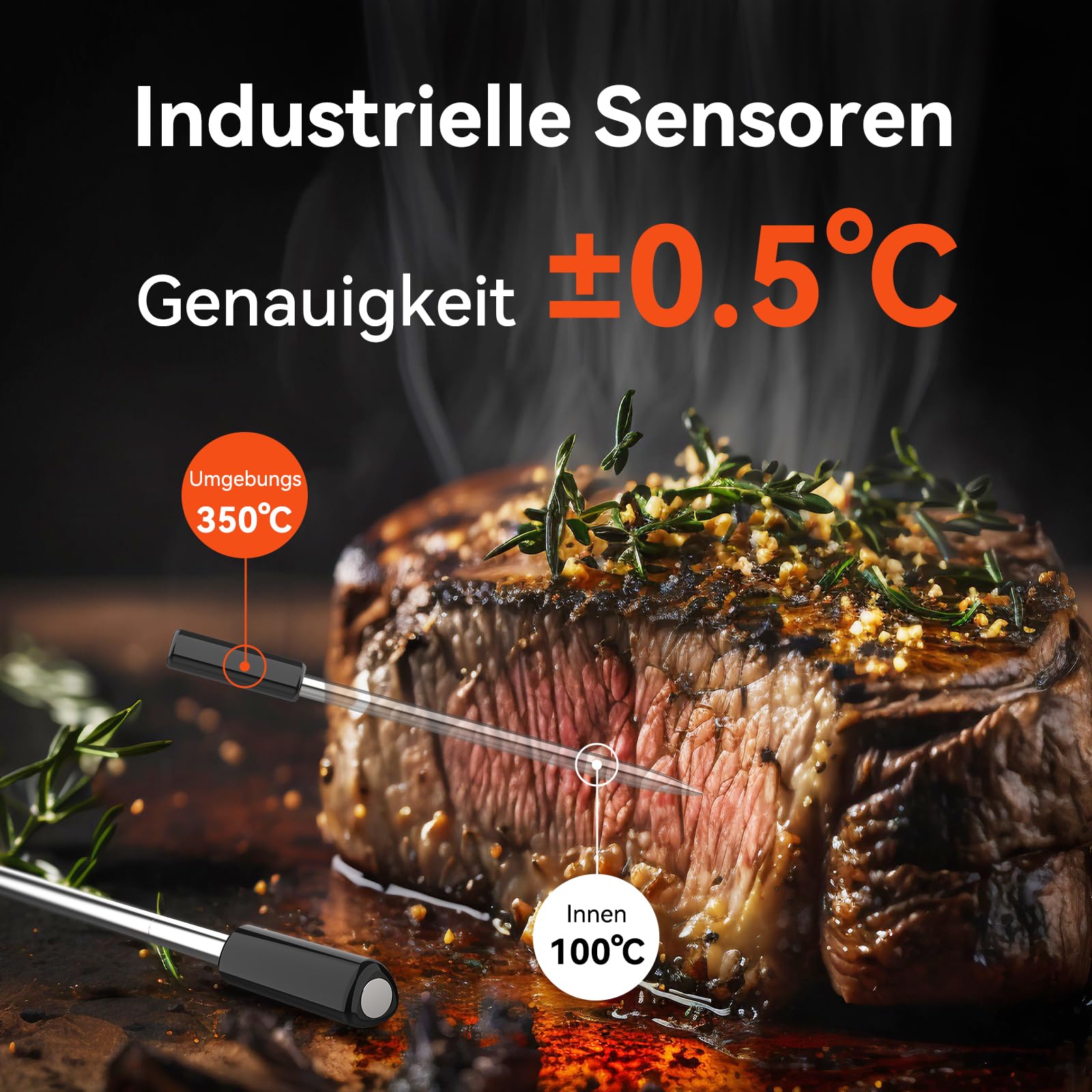 Pro Fleischthermometer Kabellos mit WLAN und Bluetooth, App-Überwachung mit Timer und Alarm, IP67 wasserdicht und ölbeständig, kabelloses Fleischthermometer für BBQ, Backofen, Grill, Küche