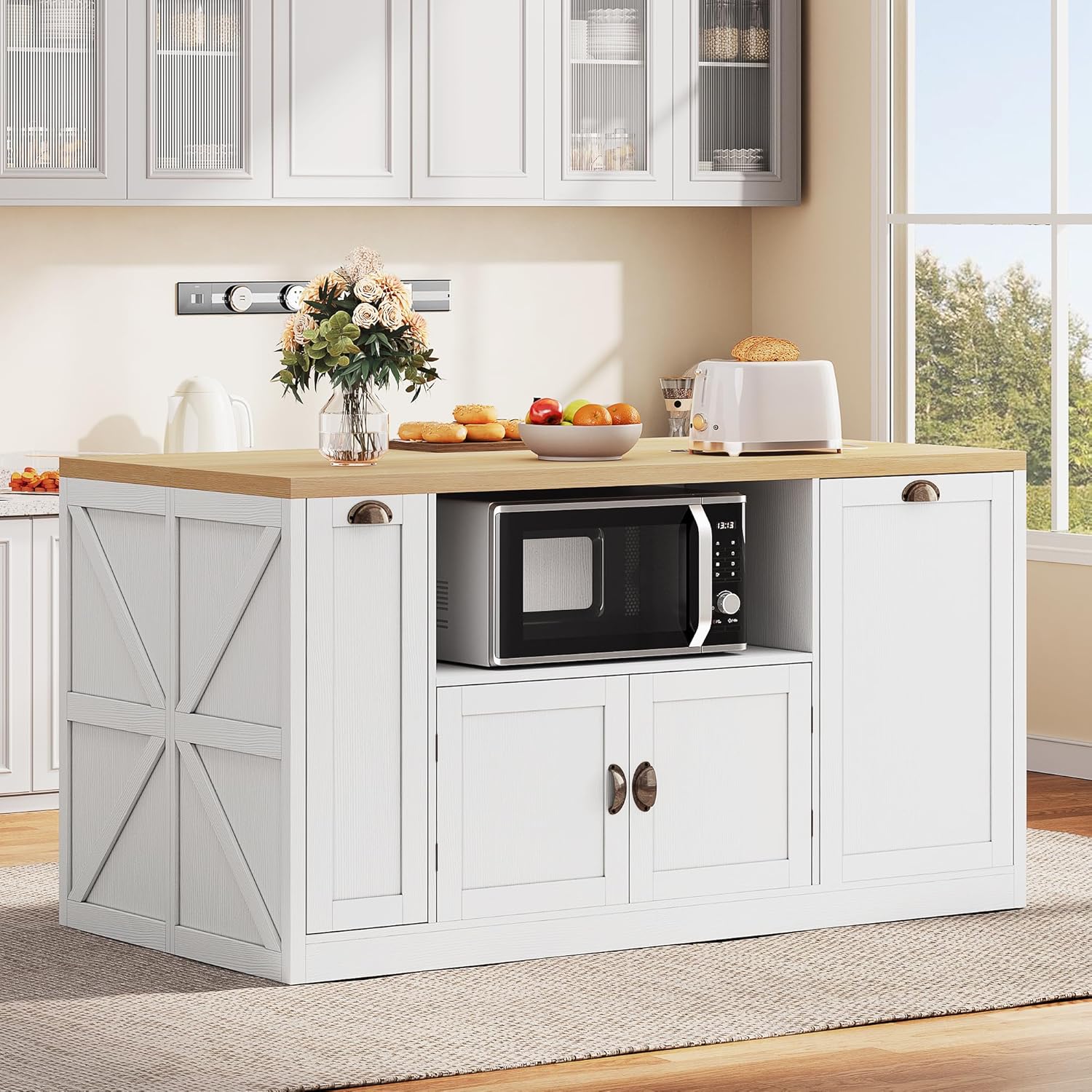 Kitchen Island with Storage, 63" W Large Island Table with Trash Can, Farmhouse Kitchen Islands with Power Outlet/LED, Rolling Cart with Spice Rack for Dining Room, White