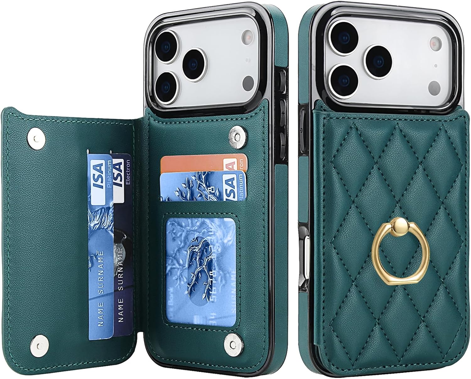 IKOLYS Wallet Case for iPhone 17 Pro Max with Card Holder, Ring Kickstand Card Slots Leather Case with Double Magnetic Clasp Shockproof Phone Cover 6.9 Inch 2025, Dark Green