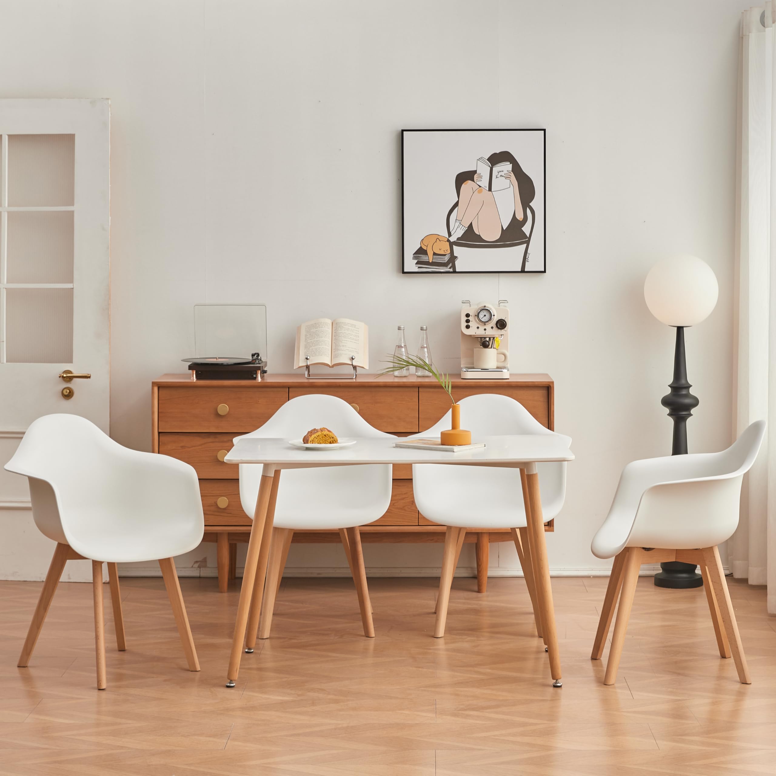Esszimmerstühle mit Armlehnen, 4er-Set, Moderne Design-Sessel, Beine aus Buchenholz, Skandinavische Küchenstühle (Weiß)