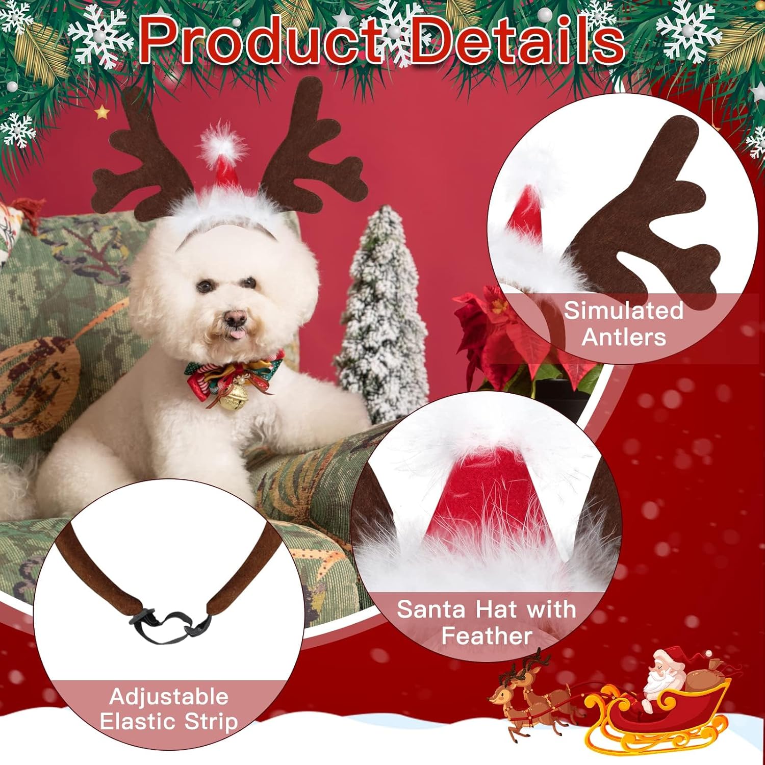 Christmas Dog Hat, Pet Christmas Headband, Adjustable Reindeer Antlers Brown Dog Cat Antlers for Pet Christmas Party Accessories (A) 4