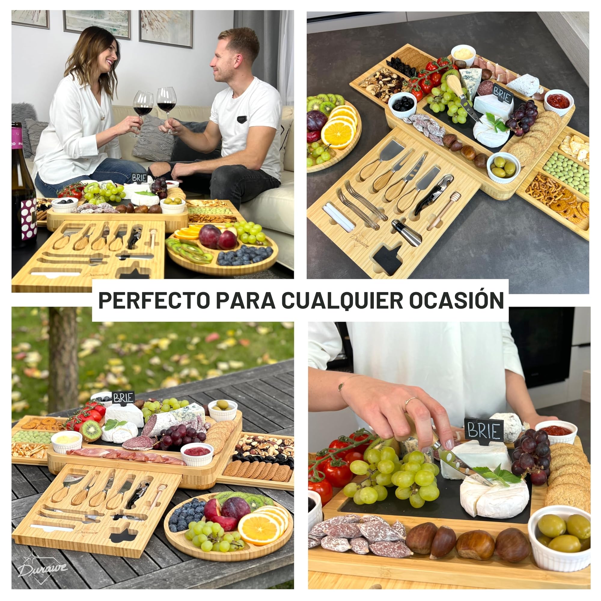 Set Tabla de Queso de Bambú y Cuchillos, Cuencos de Cerámica y Abrebotellas – Bandeja Queso 100% Madera Orgánica, Tabla Charcutería, Mujeres y Madres, Extra Grande