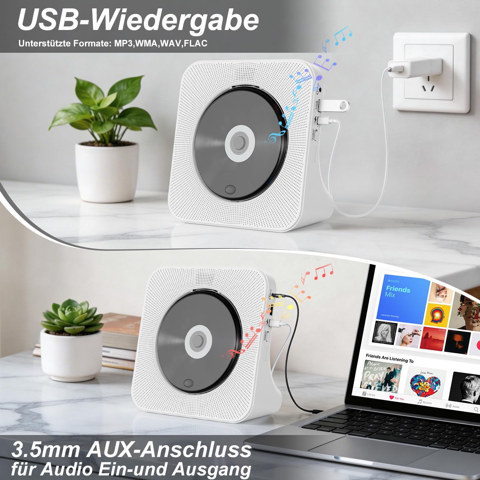 CD Player Tragbar Bluetooth 5.0 CD Spieler Tragbarer CD-Player mit Fernbedienung HiFi-Sound Lautsprecher Staubschutz LED-Bildschirm FM-Radio, unterstützt 3.5mm-AUX/USB/MP3, für Kinder Geschenk Zuhause