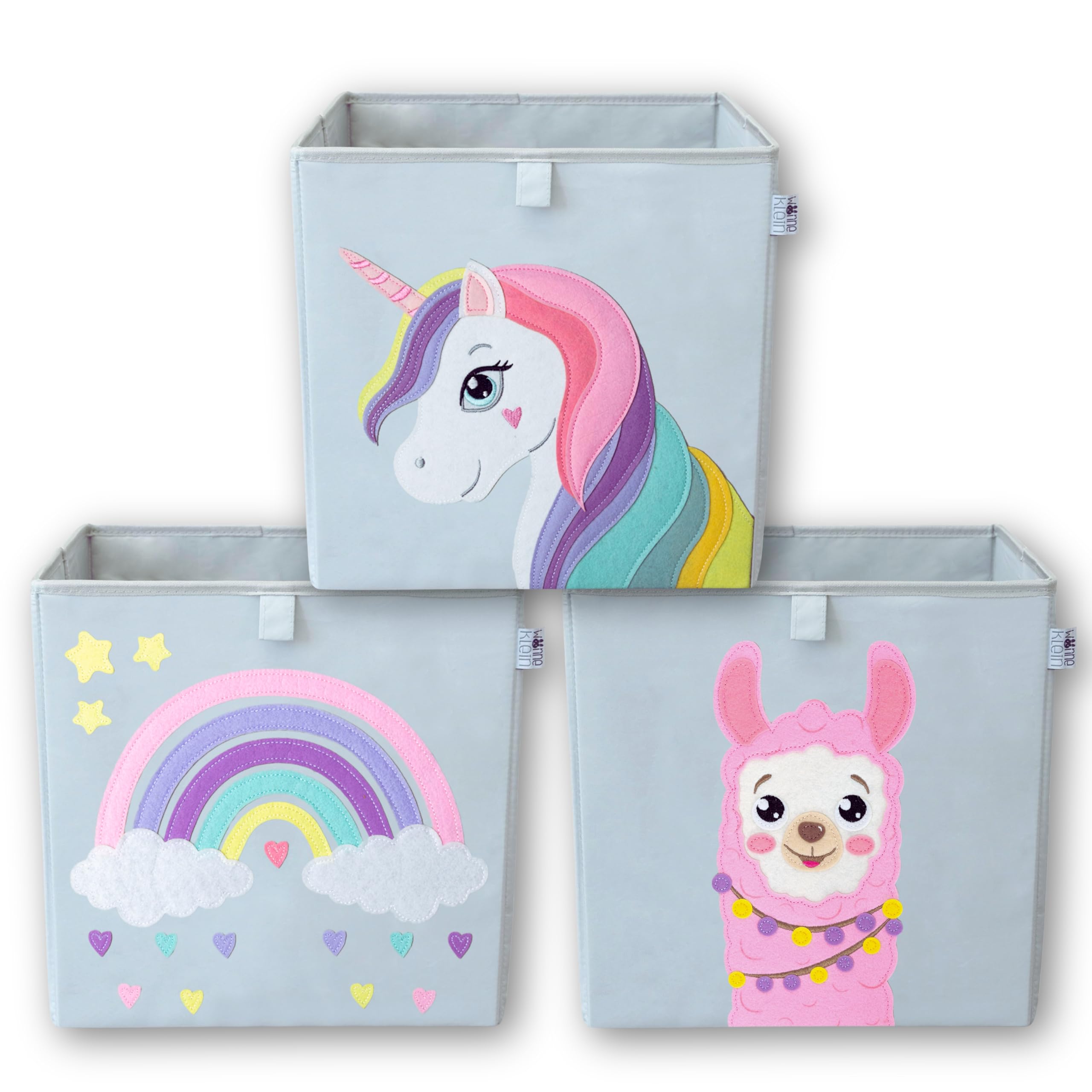Scatola portaoggetti per bambini – 33 x 33 x 33 cm – Scatola pieghevole con motivo animali – Scatola per riporre gli scaffali Kallax – Set da 3 pezzi di alpaca, unicorno, arcobaleno