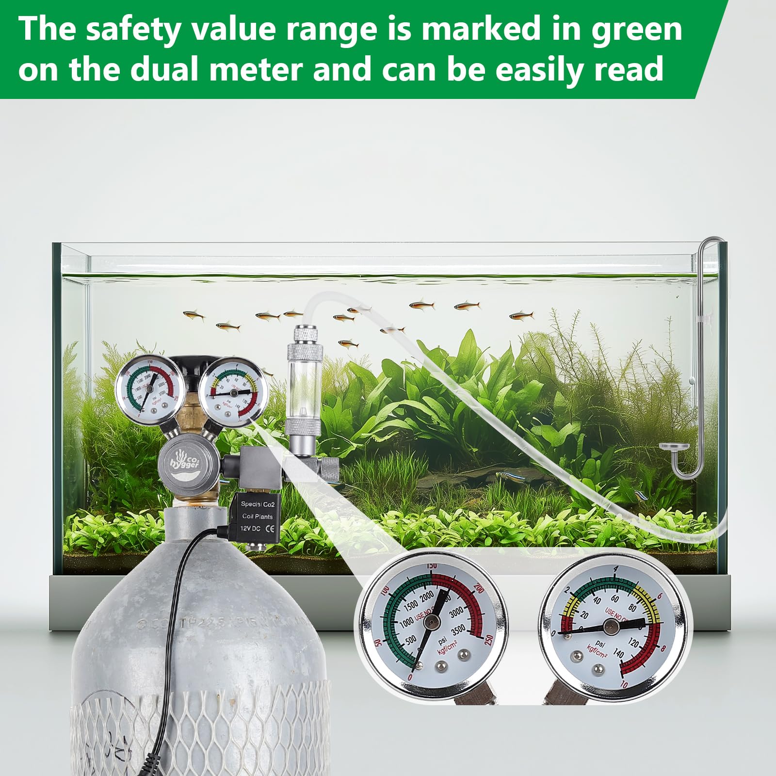Regulador de acuario con manómetros duales, válvula solenoide de 12 V CC, contador de burbujas y válvula de retención, visualización precisa para sistema de CO2 de plantas acuáticas