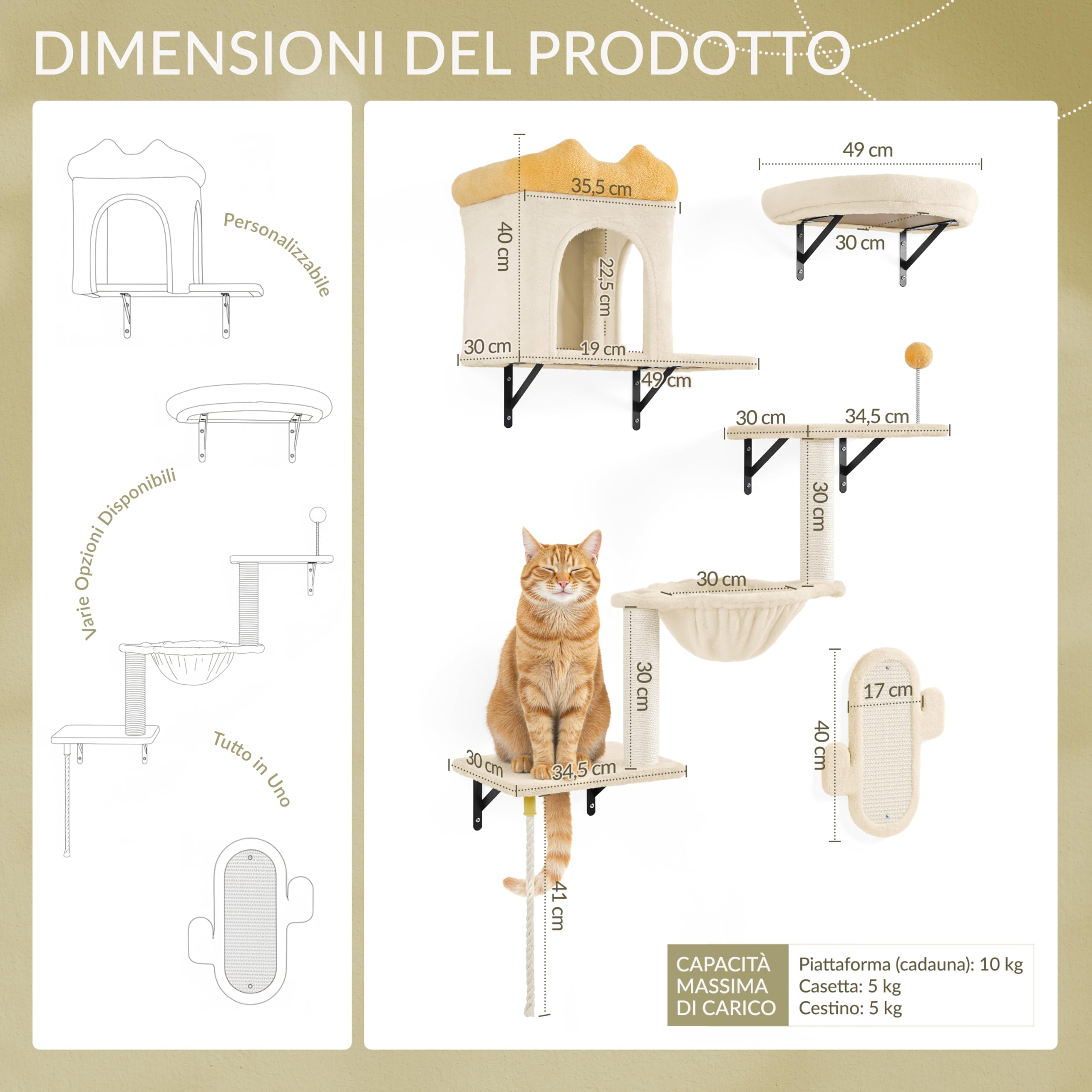 Yaheetech Mensole e Piattaforme per Gatti 4 in 1 da Parete Set Modulari con Cuccia Amaca Tiragraffi e Cestino Mobili da Parete Compatto per Gatti da Interno (Beige)