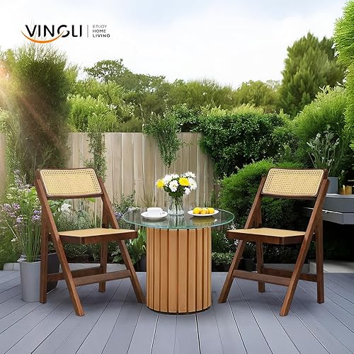 Miniatura 8 de VINGLI Silla de comedor de ratán, silla plegable de madera con respaldo giratorio de 360, marco de madera de caucho y asiento y respaldo tejidos de