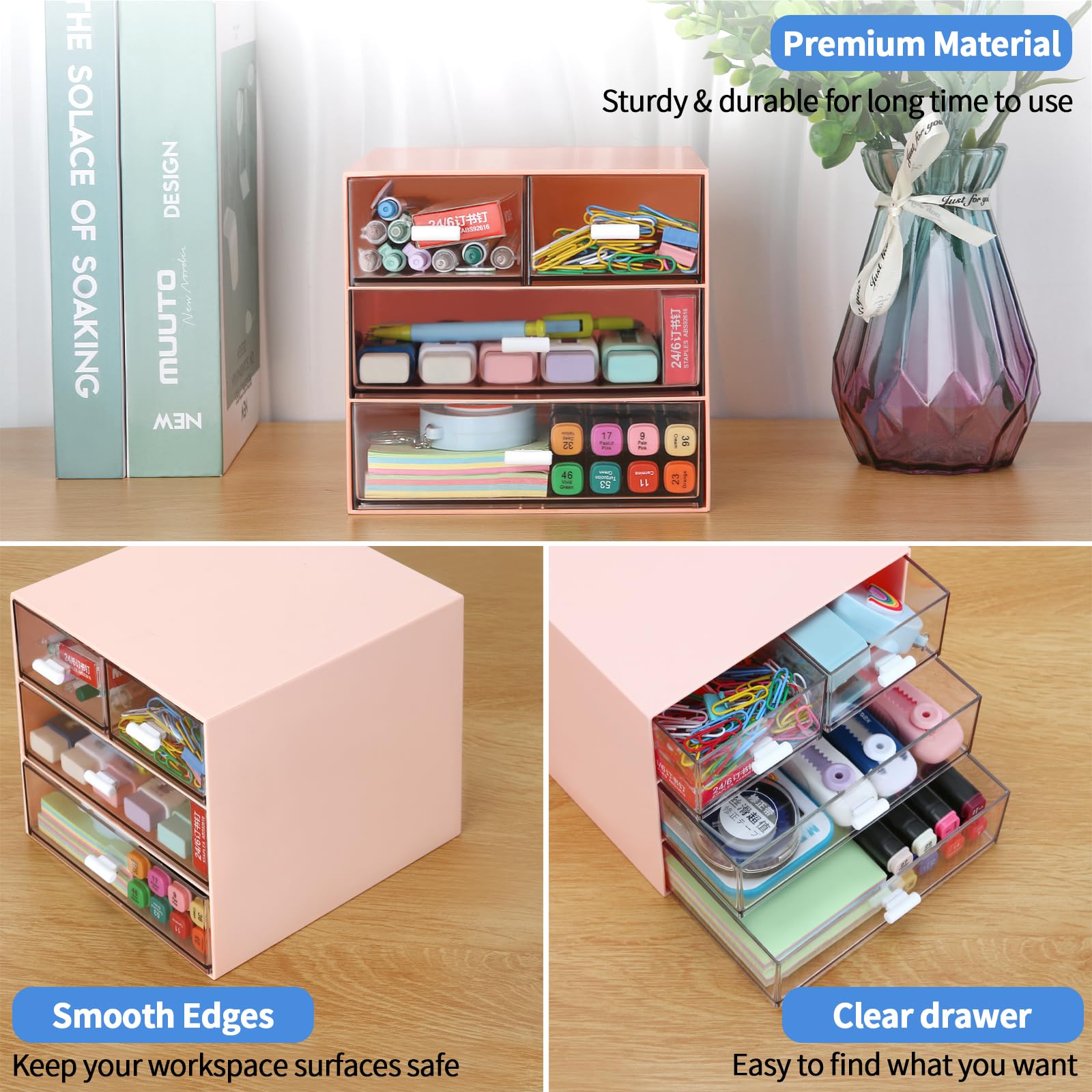LETURE Schreibtisch-Organizer mit 4 Schubladen, transparente Kunststoff-Schreibtisch-Aufbewahrungsbox, Schreibtisch-Organisation für Bürobedarf, Gelstifte, Bleistifte, Marker, Klebeband, Radiergummis,