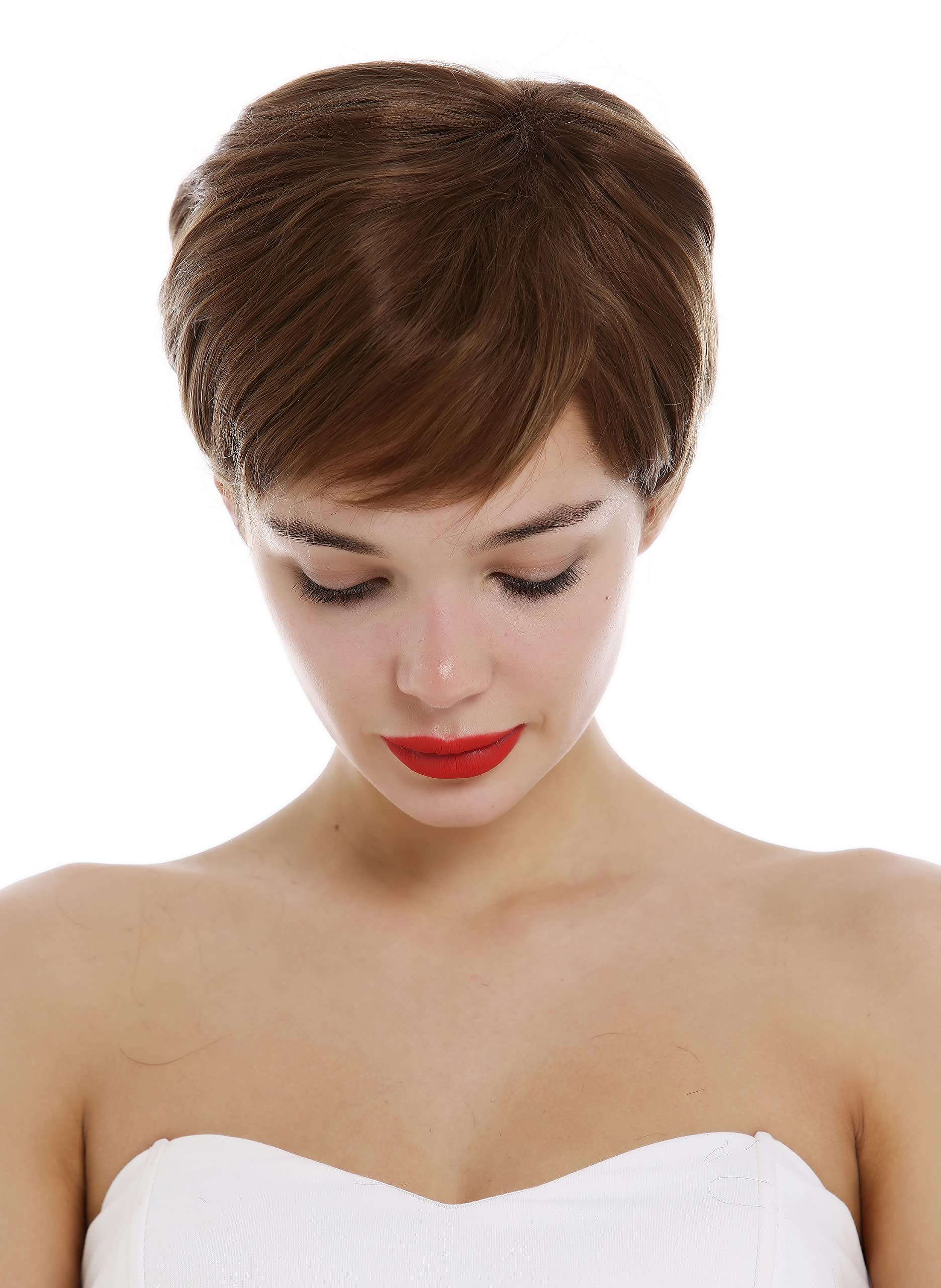 WIG ME UP-DP-HH-10 Parrucca Capelli veri Donna Uomo Corta Pixie cut Ondulata Riga Castano