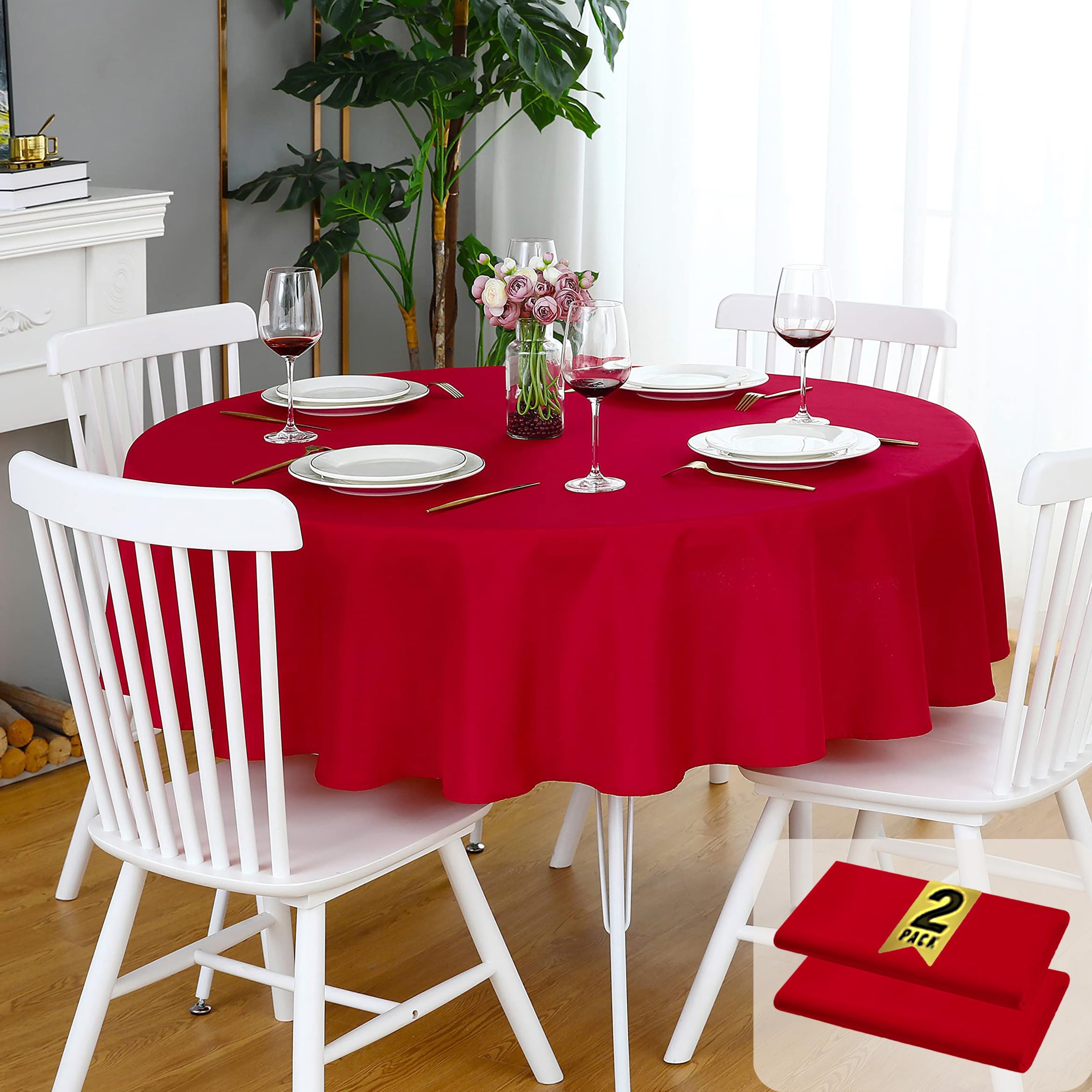 FOLINS&HOME 2 Pack Red Round Tablecloth - 60 Inch Waterproof 210 GSM Wrinkle Free Polyester Circle Table Cloth, Spillproof Washable Wipeable Table