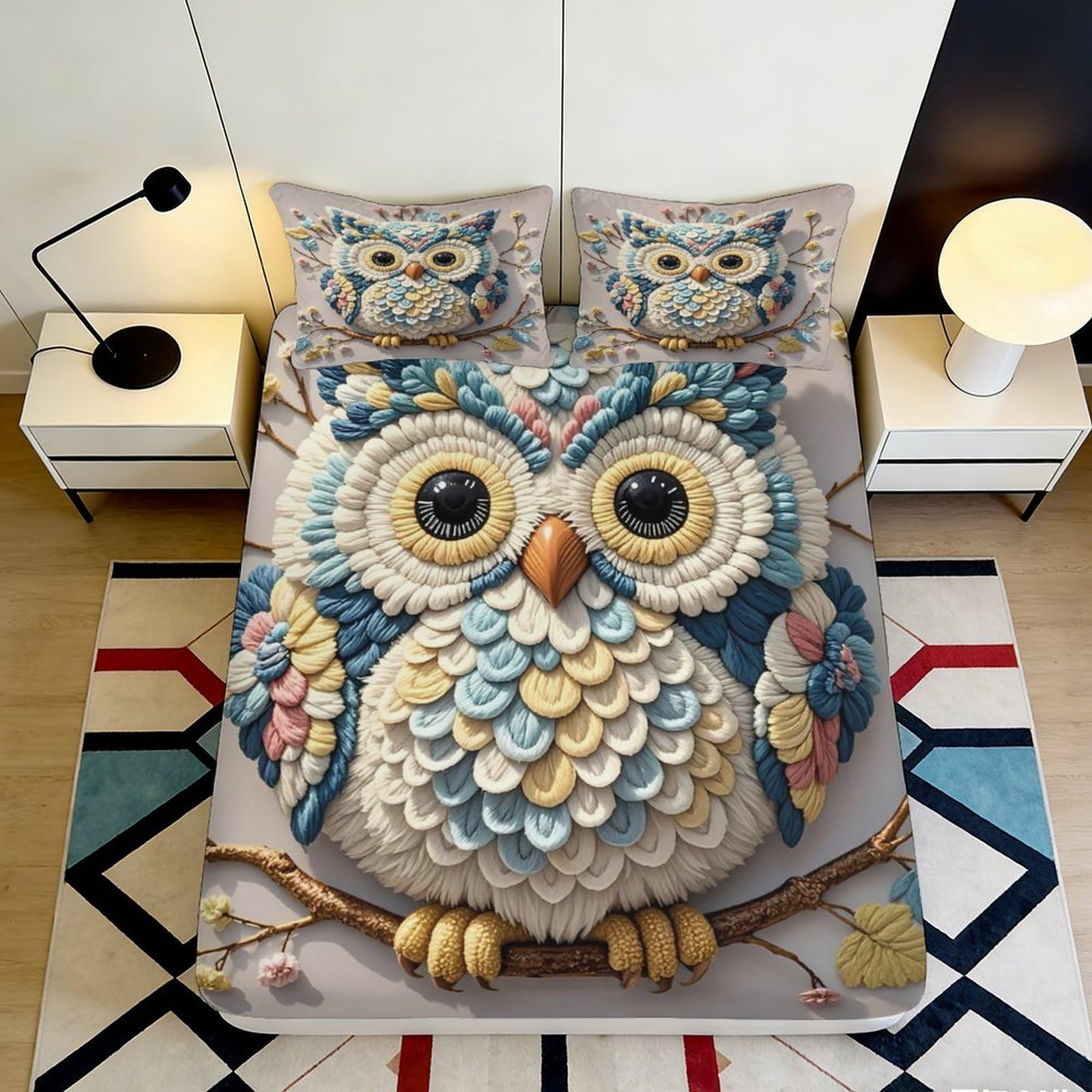 Dhbaneiok Style-4 3D Printed Blue Owl Fitted Sheet Microfiber Soft Artistic Forest Animal Bed Cover For Bedroom Guest Room Decor 90X200x25cm