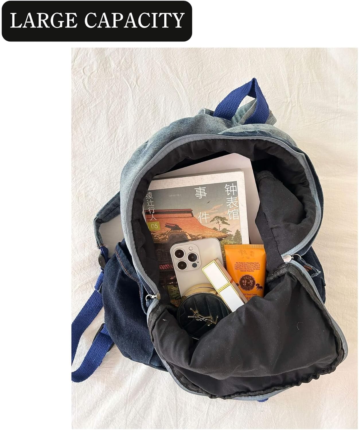 Cute Star Denim Backpack, Grunge Y2K Vintage Fashion Bookbag, Aesthetic Emo 2000s Backpack for Women Men Casual Bag (Black) - Image 6