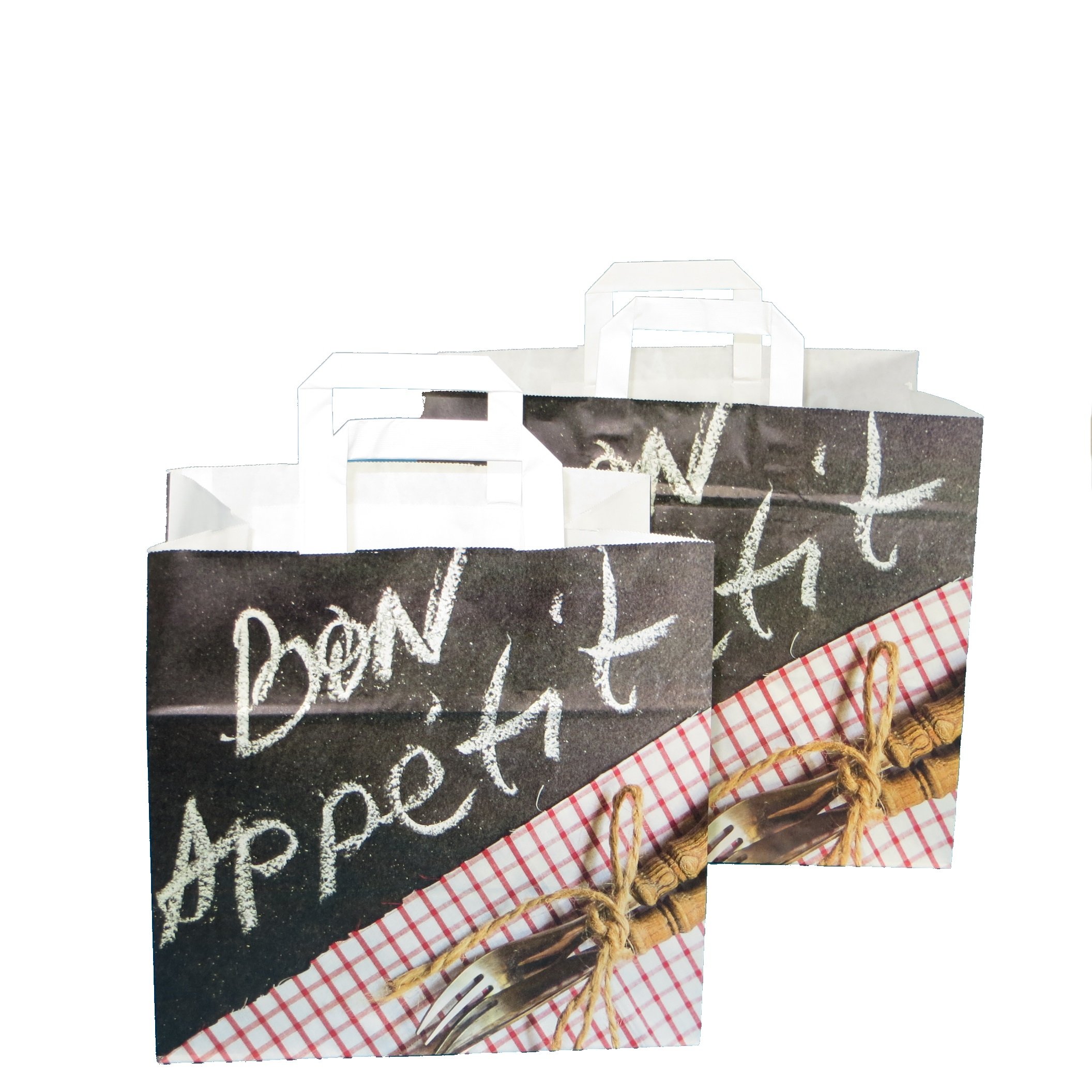 250 Papiertragetaschen Papiertüten "Bon Appetit" Fleischer Metzger Gastronomie Einkaufstüten Tragetaschen Papier 32+22x27cm