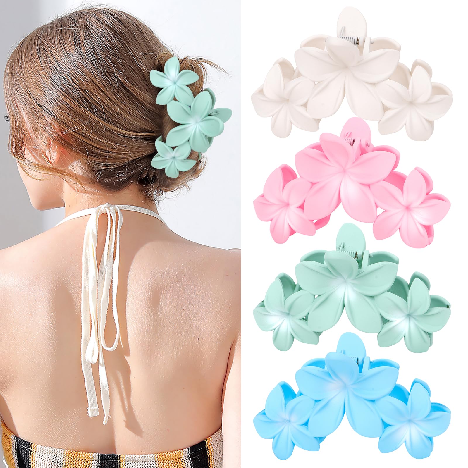 4PCS Cute Plumeria Flower Claw Hair Clips for Women - Large, Strong Hold Beach Hair Accessories for Thick Hair (Colorful)