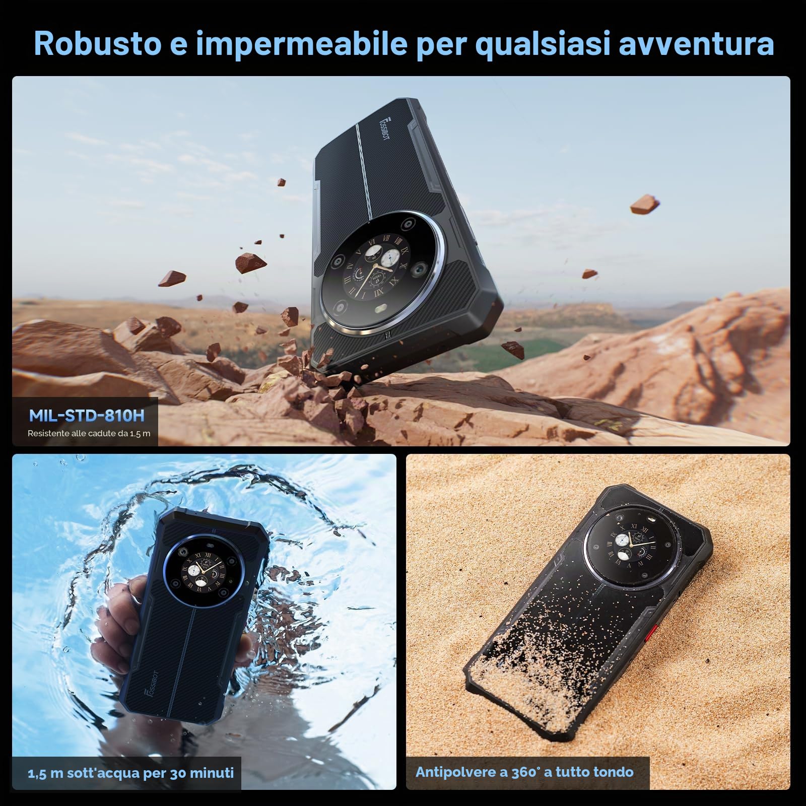 FOSSiBOT F106S -24GB+256GB/2TB Telefono Cellulare Android 15, Doppio schermo, 6,745'' FHD Rugged smartphone, Batteria 10600 mAh/18W, 50MP AI Fotocamera, 4G Dual SIM/IP68/IP69K/NFC