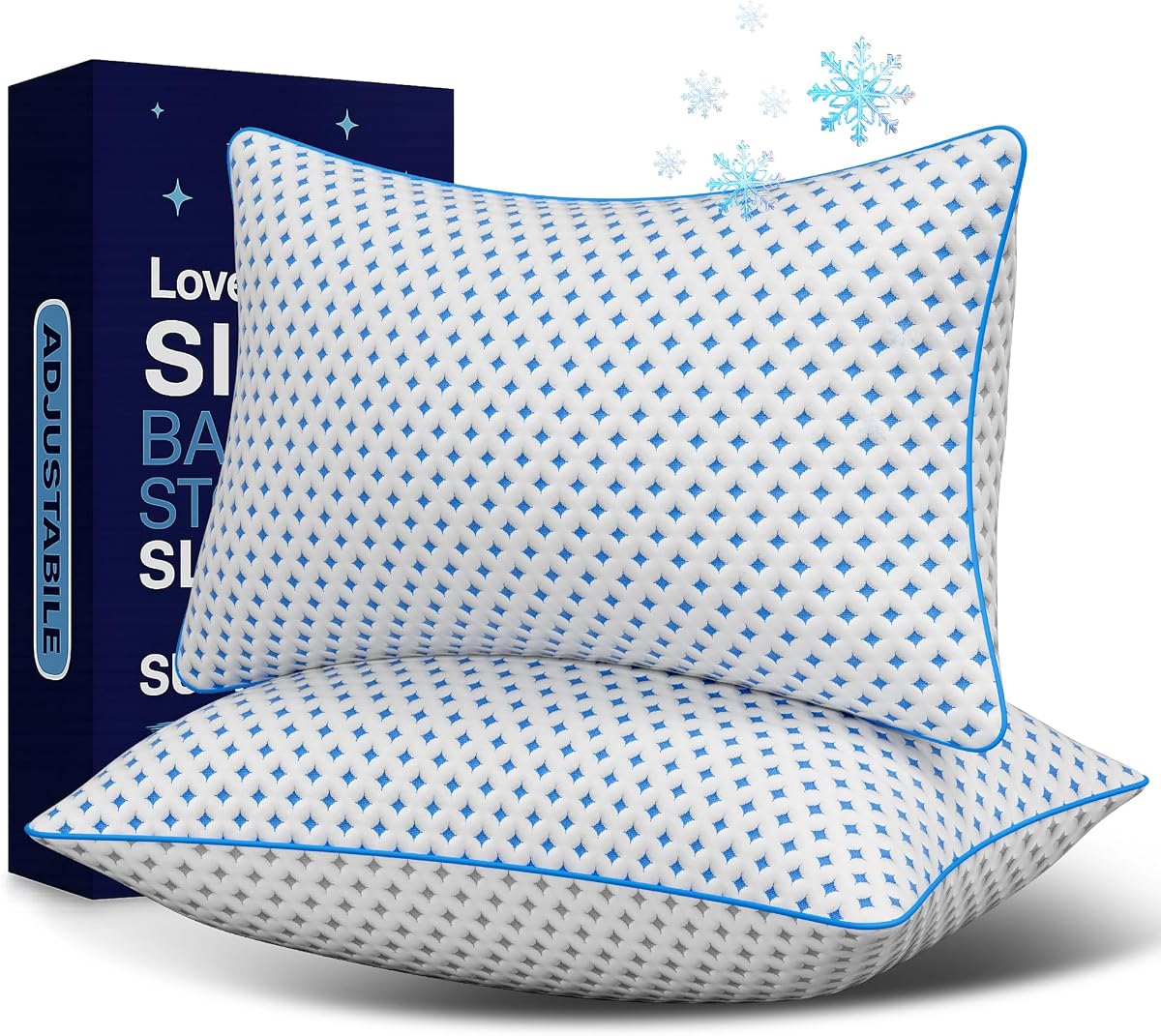 Queen Pillows Set of 2, Cooling Shredded Memory Foam Pillows | Adjustable Loft, Balanced Support, Medium Firm Feel, Side Back Stomach Sleepers, Washable Cover, Airflow Design, Easy Care