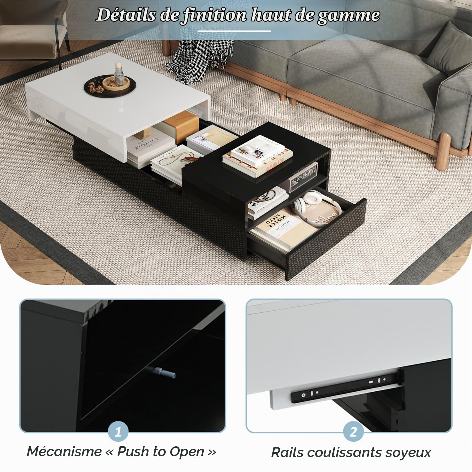 Table Basse Salon Blanche Extensible 100x50x38cm,Table d'appoint Brillante avec Plateau Coulissant,Tiroir,Grand Espace de Stockage,pour Salon (B-Noir)
