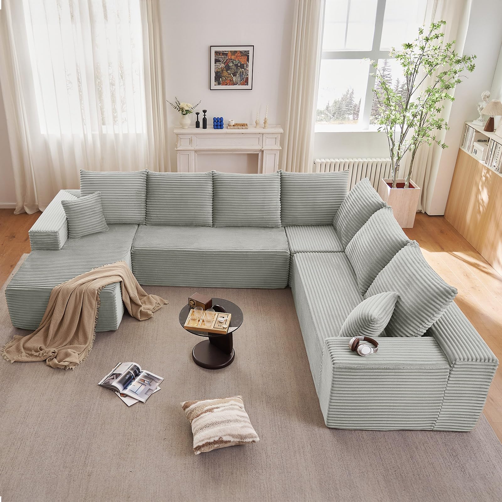 Oversized Modular Sectional Sofa Couch, Large 6 Seater Corner Sofa Modern U Shaped Sectional Couch Cloud Couches for Living Room, Office, Spacious Space, Corduroy,No Assembly Required, Light Grey