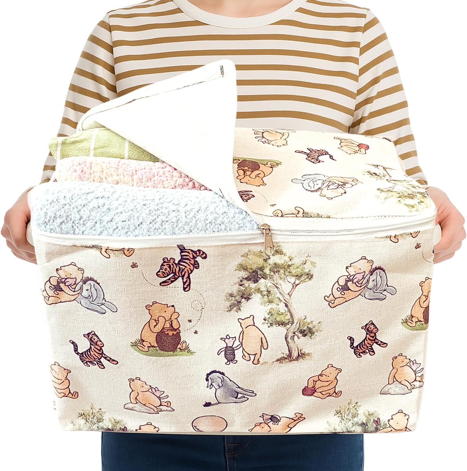 Sweet Baby Co. Classic Winnie Pooh Storage Nursery Basket With Zipper Cover Lid, Bottom Large Square Canvas Cotton Laundry Hamper Bin Foldable Bathroom Bedroom Stuff Baby Clothes Toys Vintage Decor
