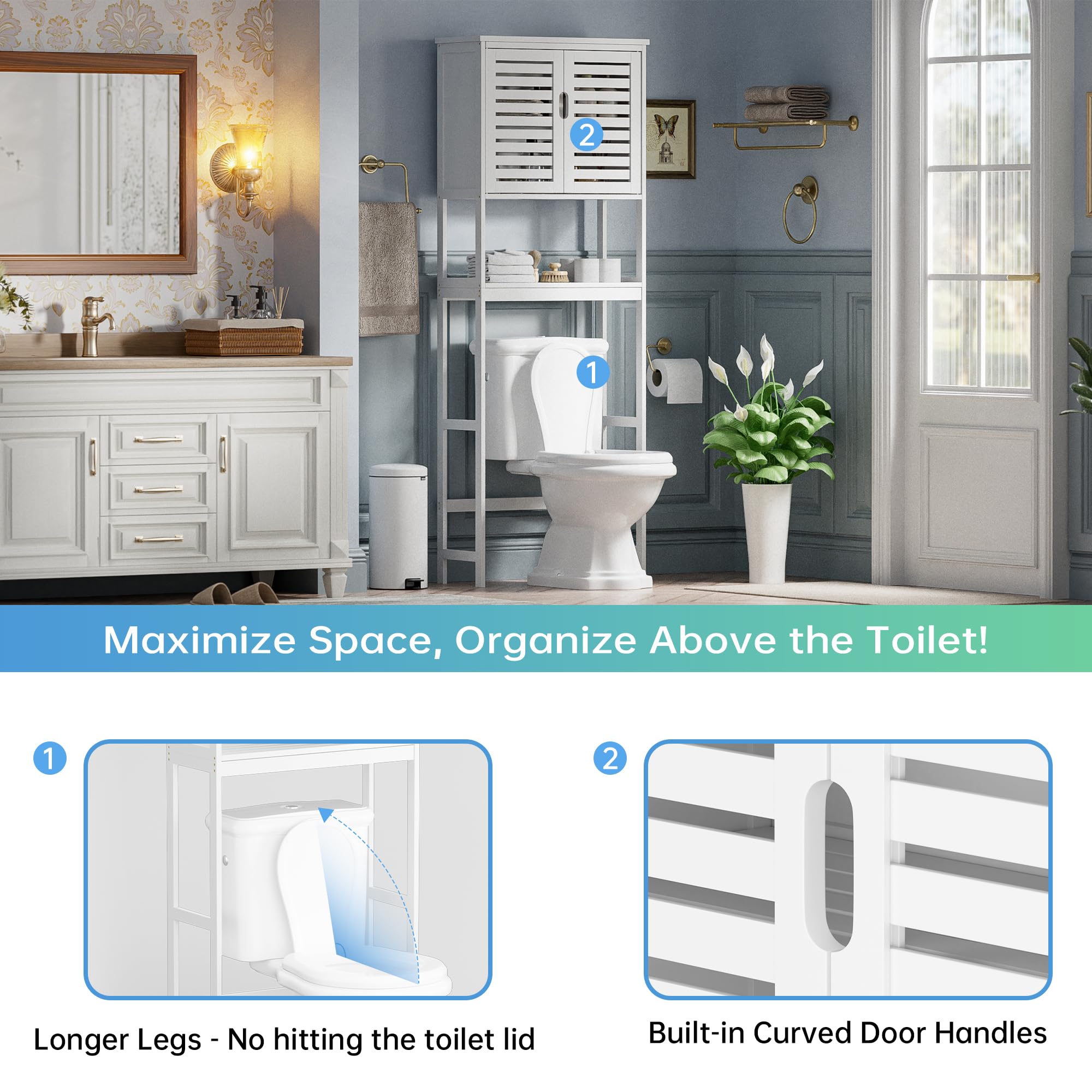 SMIBUY Contenitore salvaspazio sopra WC a 2 porte in bambù con ripiano interno regolabile e ripiano aperto indipendente (bianco), per Bagno