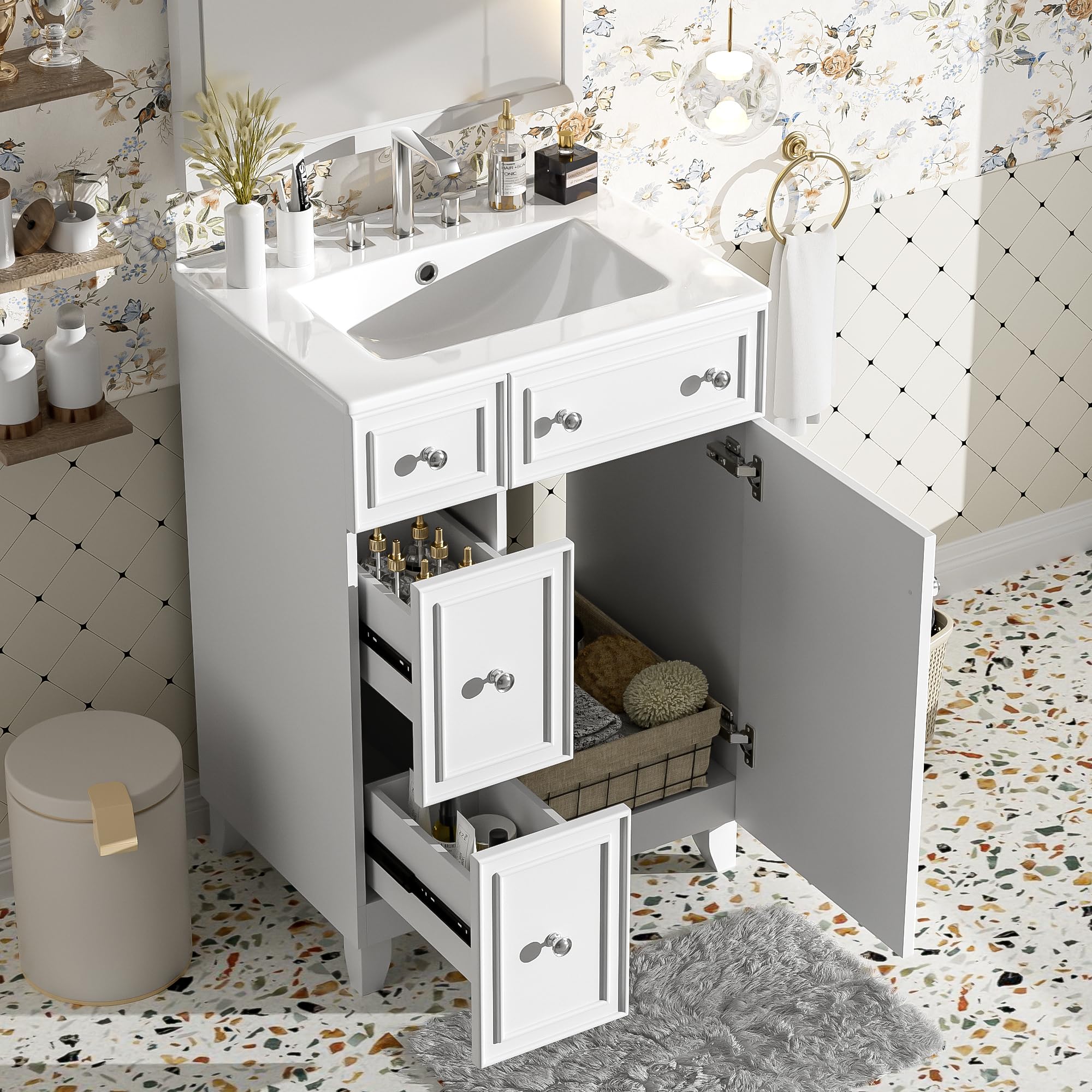 Harper & Bright 24" Bathroom Vanity With Sink – Freestanding, White, Single Basin, 2 Drawers & Glass Door Cabinet, Ceramic Top