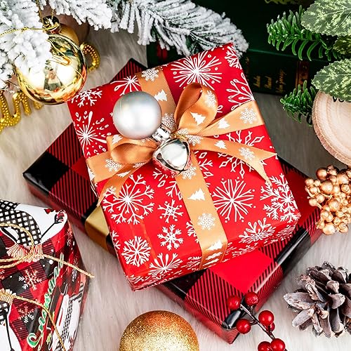 Miniatura 4 de LeZakaa Rollo de papel de regalo de Navidad, muñeco de nieve, copo de nieve, cuadros rojos y negros para envolver regalos, manualidades, 30 x 120