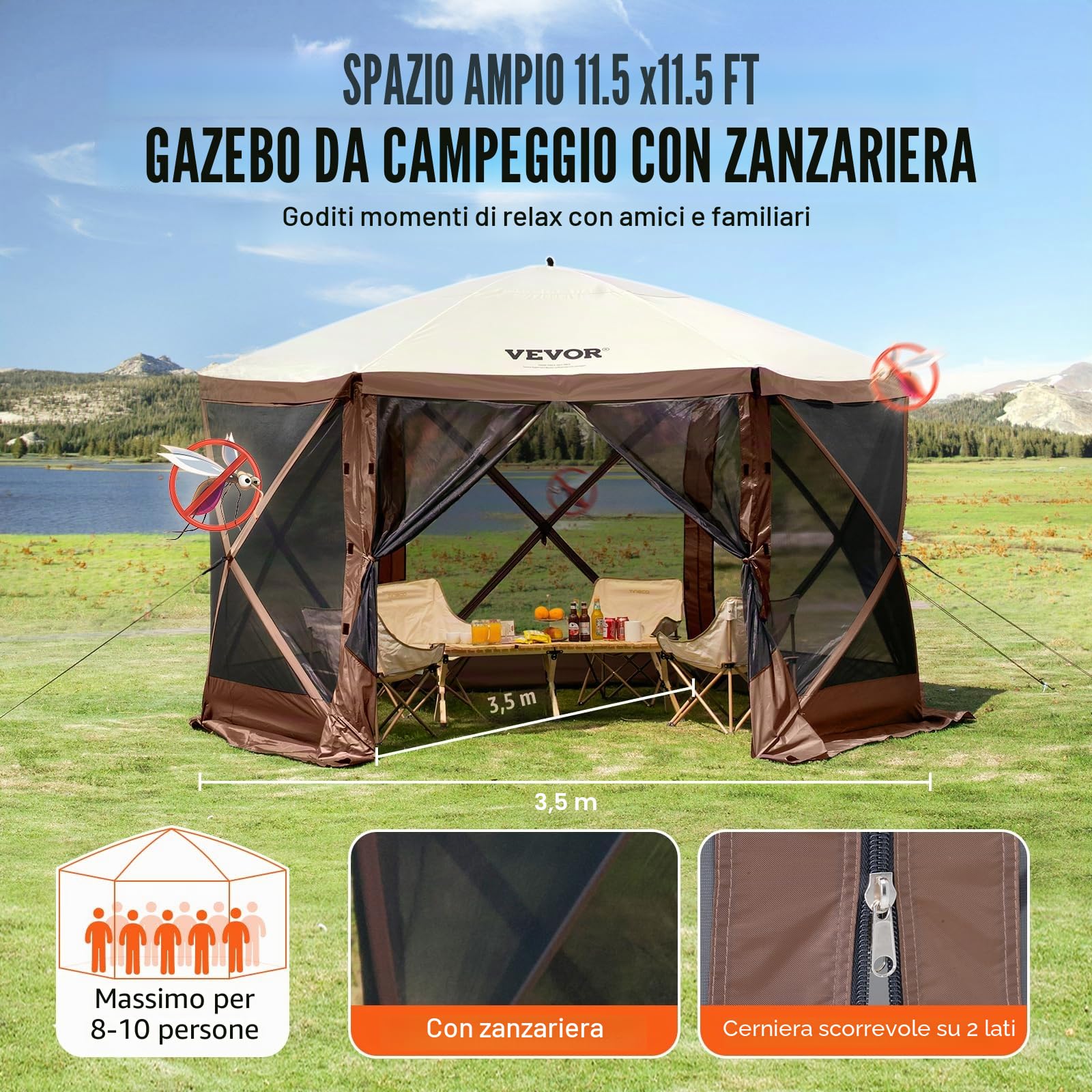 VEVOR Gazebo Pop-Up, Tenda con Schermo Pop-Up, Baldacchino su 6 Lati, Riparo da Sole 6 Panni Antivento Rimovibili Finestre in Rete, con Zanzariera Schermo a Montaggio Rapido 3,51 x 3,51 m Marrone