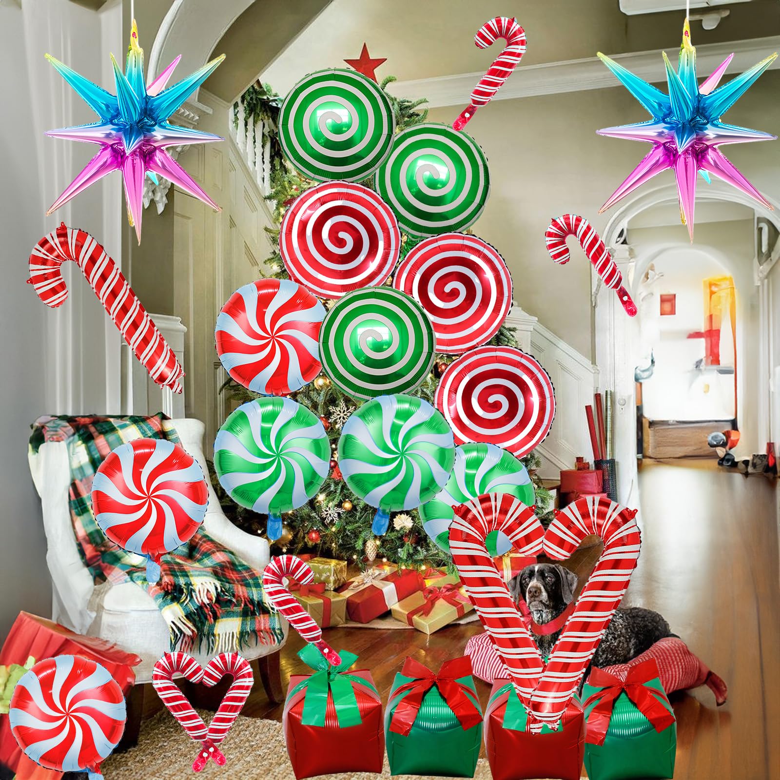 Weihnachtsdeko Helium Ballons, 25 Stk Weihnachten Deko Luftballons Set Süßigkeiten Zuckerstangen Geschenkbox Explosion Stern Folienballons, Rot Grün Weihnachts Ballons für Christmas Party Dekoration