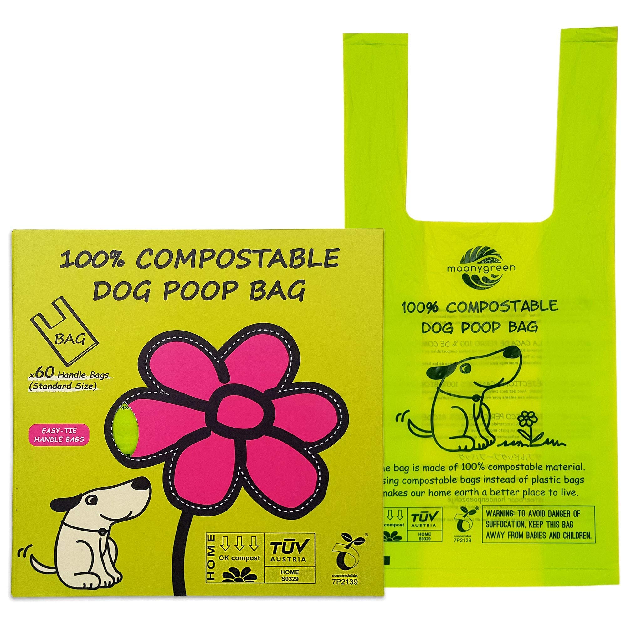 Dog Poop Bag, Easy-Tie Handles Biodegradable Vegetable-Based Doggie Bag for Waste, Compostable and Eco-Friendly, Unscented, Extra Thick and Leak Proof, 60 Counts