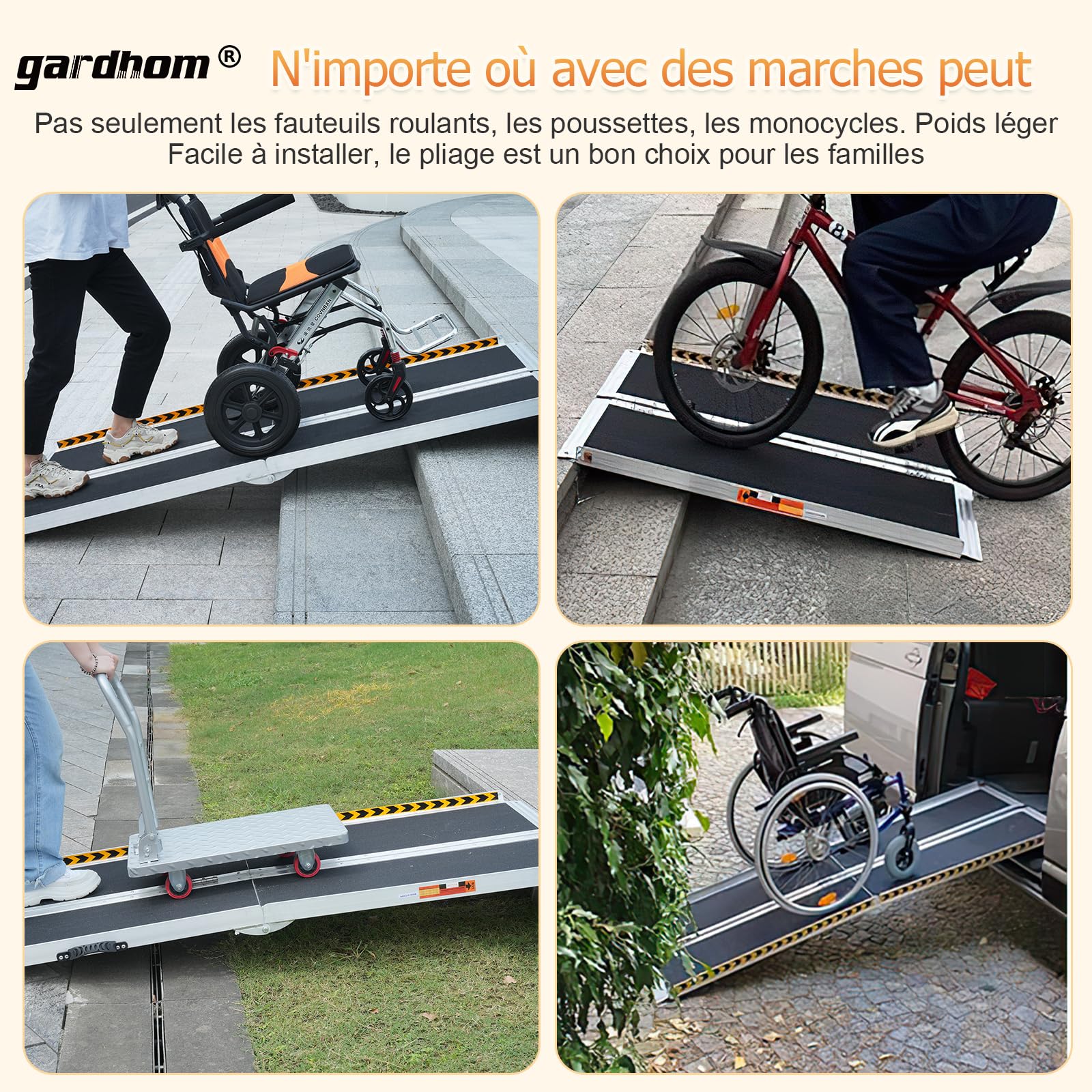 gardhom Rampes pour Fauteuils Roulants 213,5CM, Rampe de Chargement Rampe d'Accès Antidérapante Pliable avec Bordures de Sécurité Max 362KG