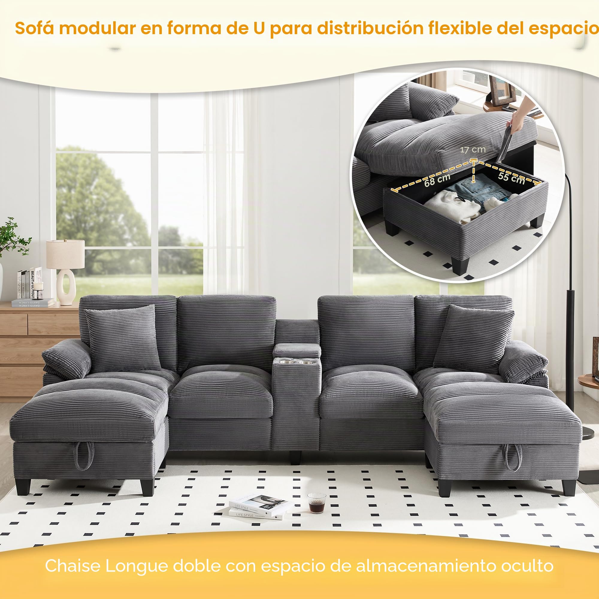 Azkoeesy - Sofá de 4 plazas con 2 reposapiés y espacio de almacenamiento, consola con 2 portavasos y enchufe, 293 cm, forma U, tapizado en pana, adecuado para sala de estar, dormitorio y apartamentos