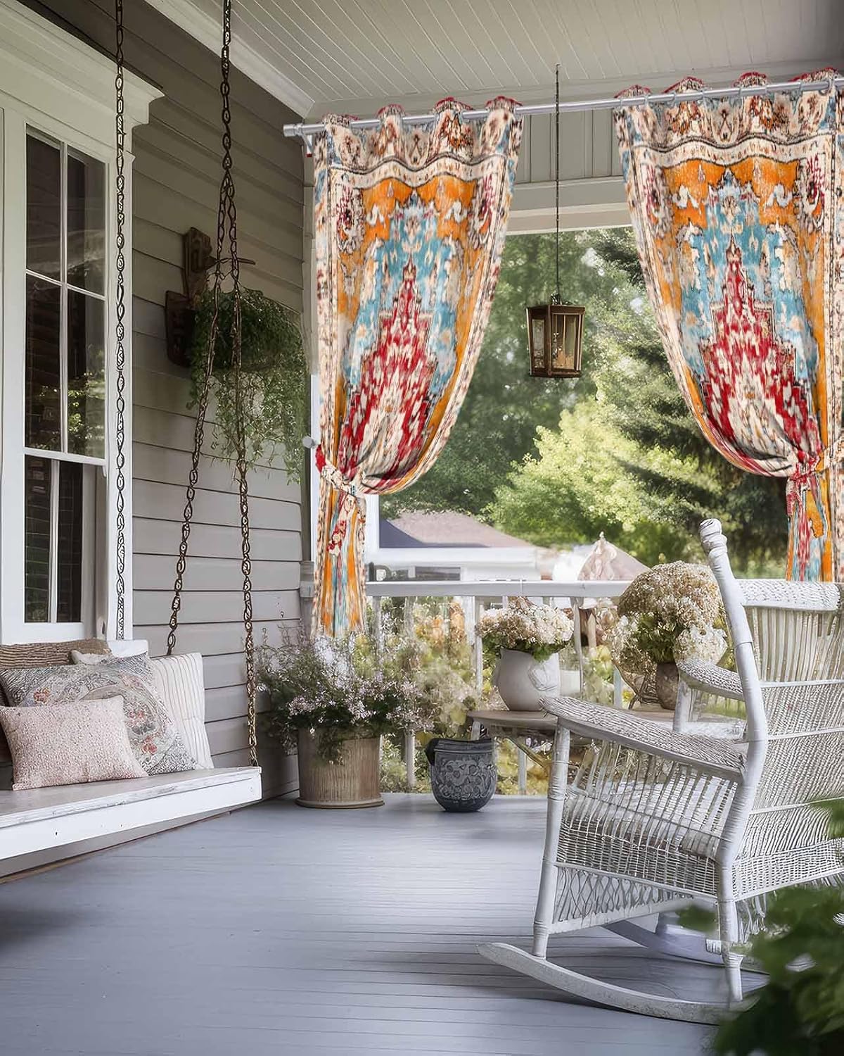 Outdoor Curtains for Patio, Red Orange Boho Waterproof Blackout Outside Curtain for Porch/Pergola/Gazebo, Ethnic Tribe Abstract Thermal Insulated Drapes for Cabana, 2 Panels, 54 x 95 Inch